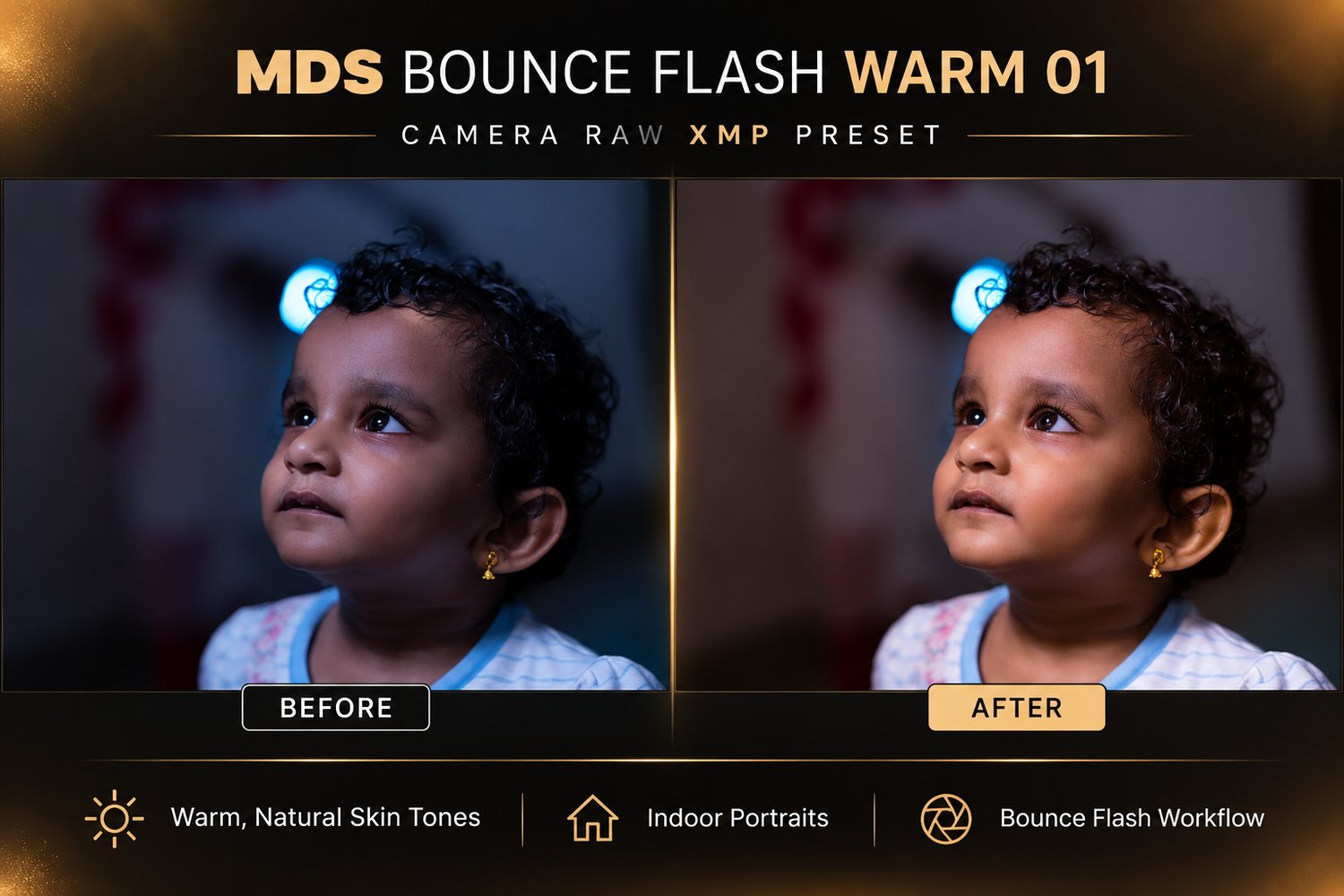 MDS Bounce Flash Warm 01 Camera Raw XMP Preset Before and After Portrait Comparison