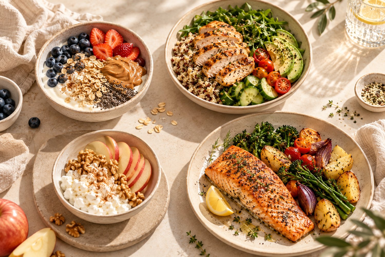 Four balanced high-protein meals featuring Greek yogurt with berries, a chicken quinoa bowl, cottage cheese with fruit, and salmon with vegetables. A 2000-calorie meal plan with approximately 100g of protein for women 35+.