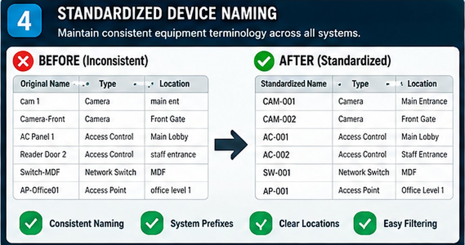 Standardized equipment naming examples for CCTV, access control and low-voltage device registers