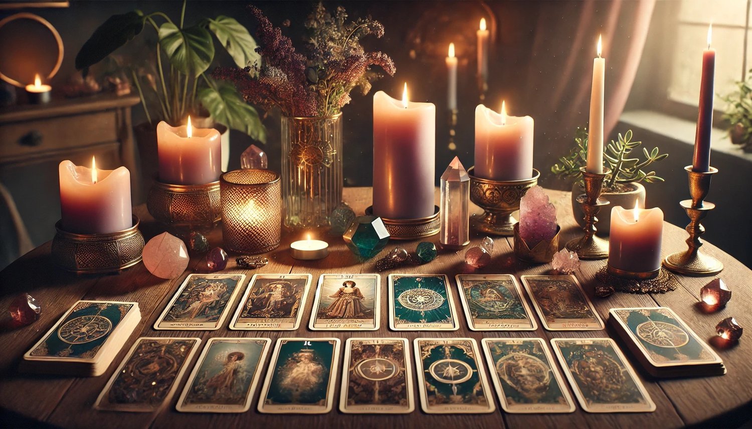 AI generated image depicting realistic looking table with two Tarot decks and 12 Tarot cards face-up between them, many lit candles of varying sizes and holders along with crystals surround the cards, in the background is a window with open curtains letti
