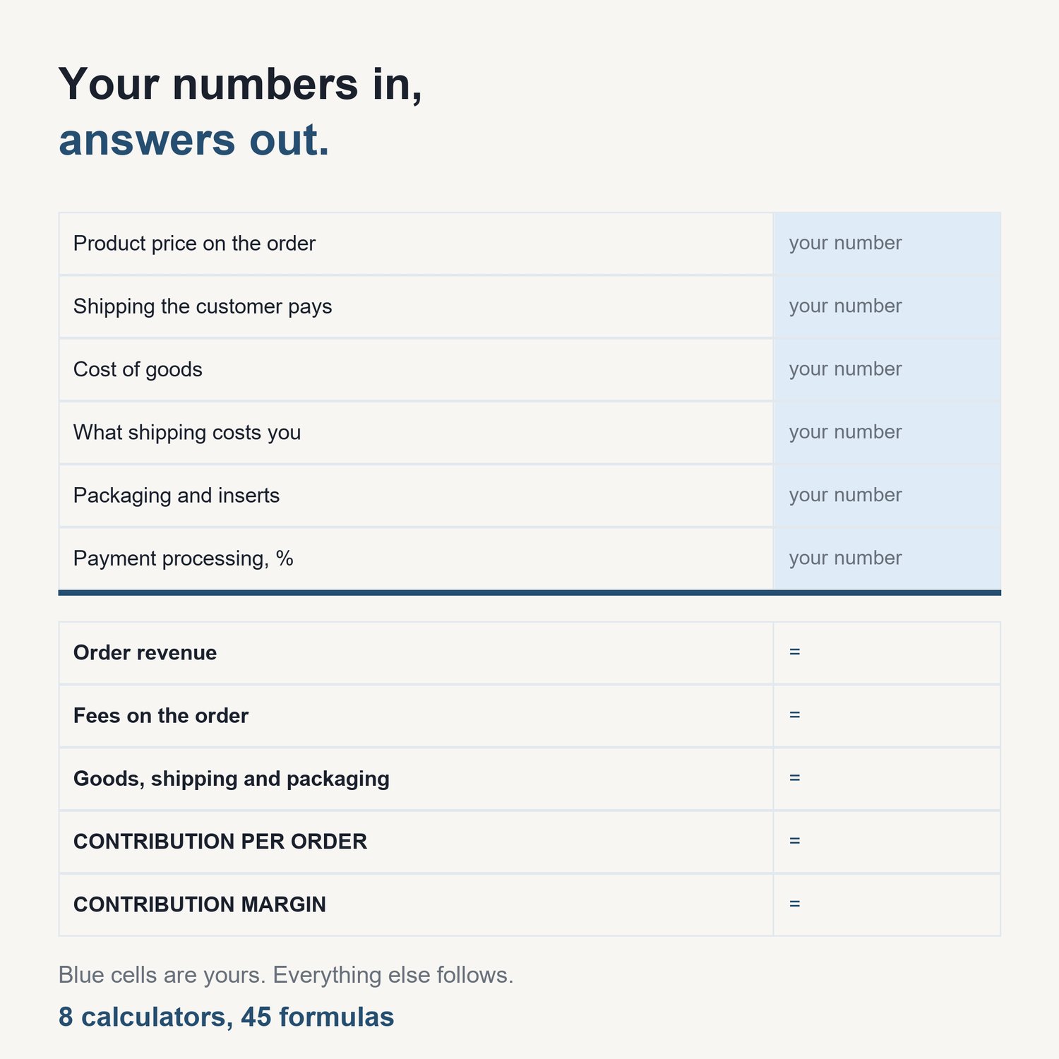 The Ecommerce Profit & ROAS Calculator Pack: sample calculator showing input cells and computed results