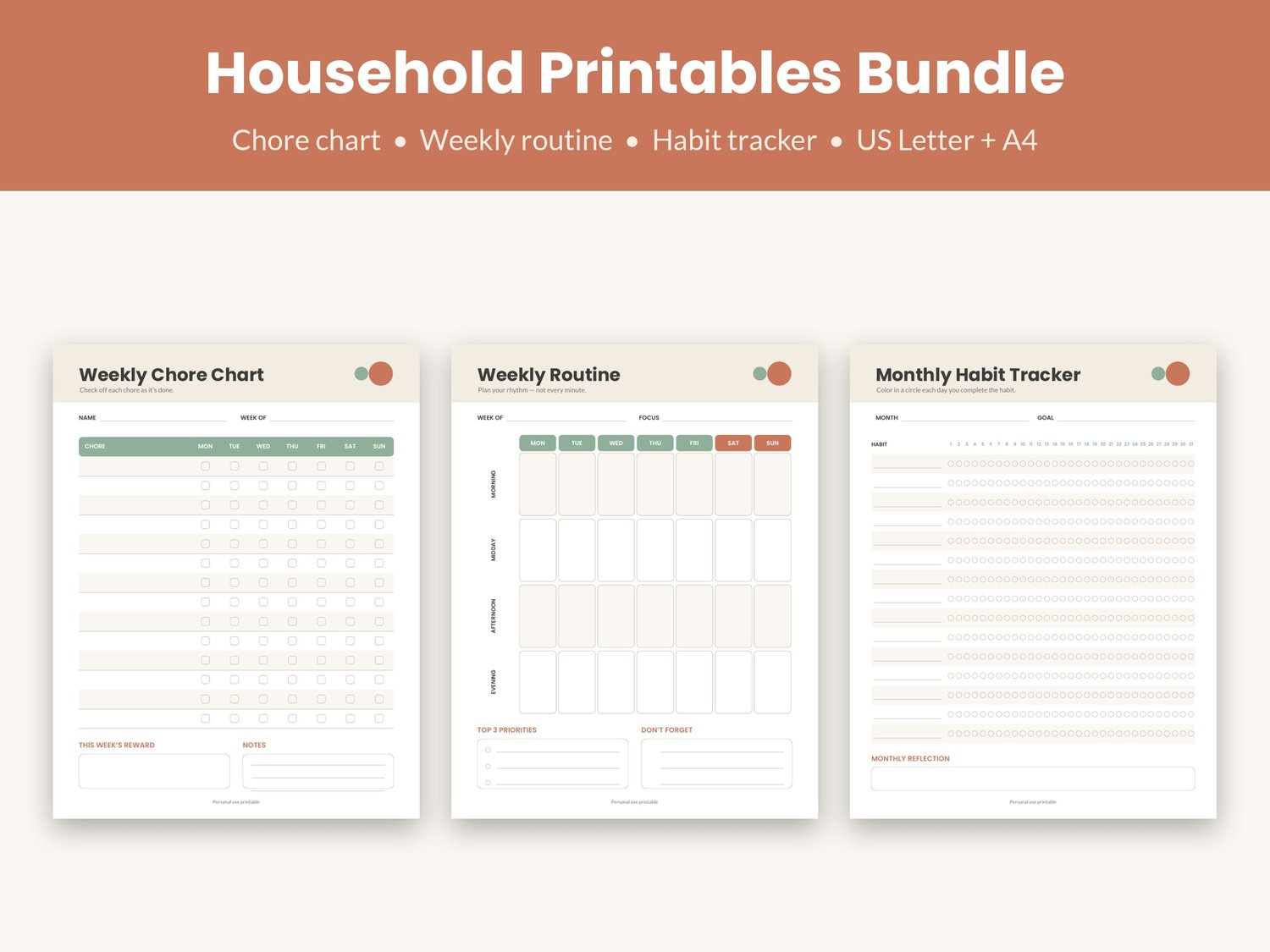Chore Chart, Weekly Routine & Habit Tracker Printable Bundle (Letter & A4)