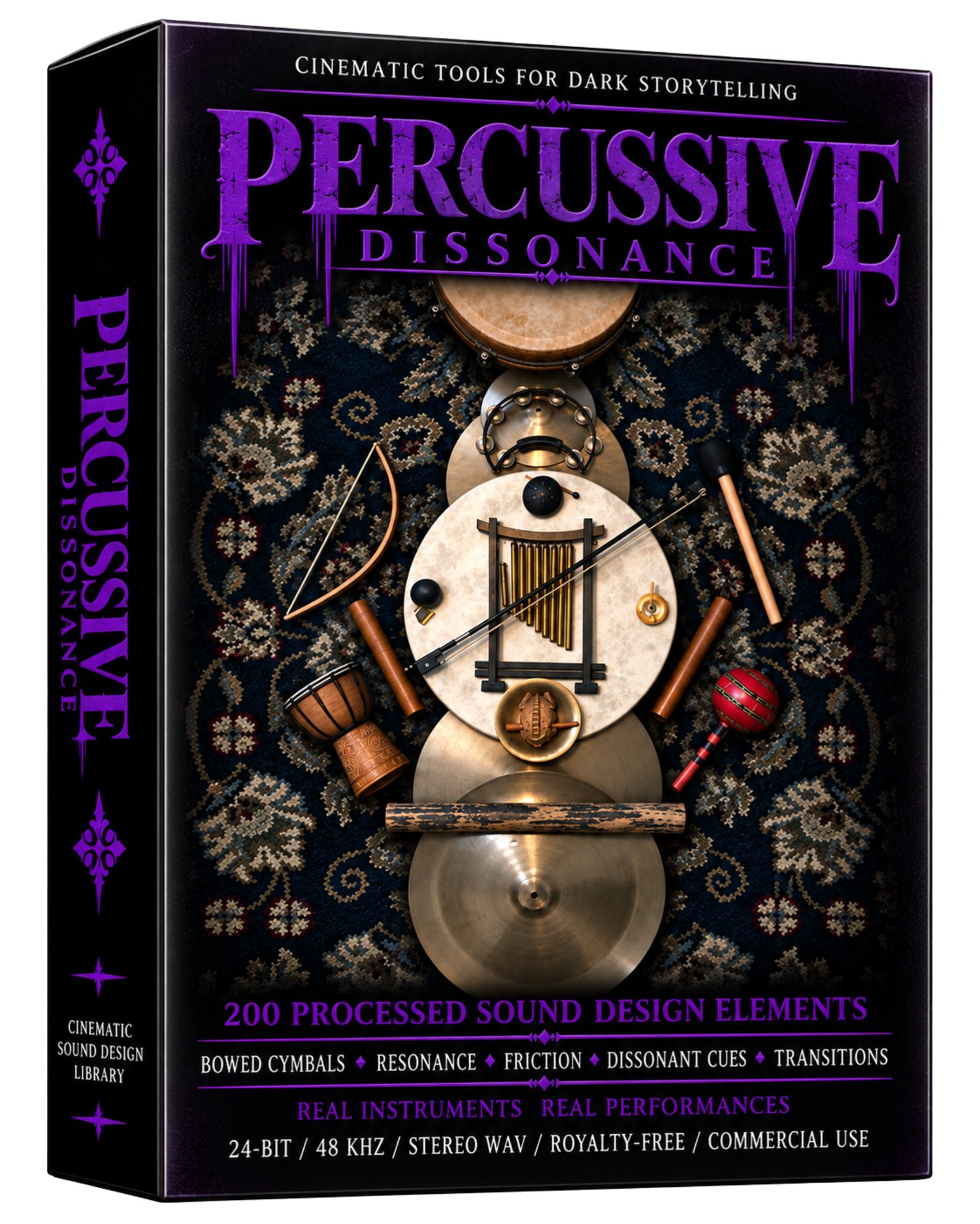 Percussive Dissonance features 200 royalty-free cinematic sound design elements from 18 real percussion sources, with bowed cymbals, resonance, friction, dissonant cues and transitions for film, games, trailers and horror.