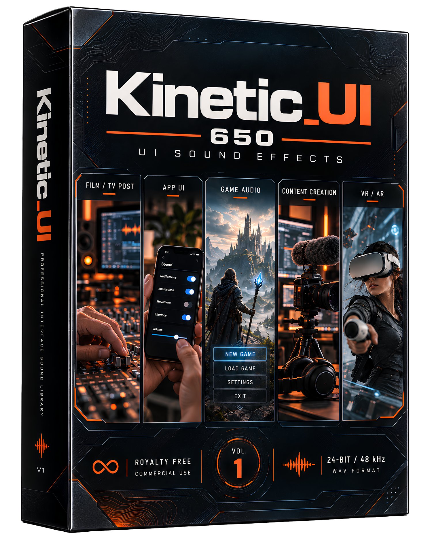 650 UI sound effects for game developers, app creators and VR designers. Includes 5 processing styles for menus, HUDs and interfaces. Royalty-free.