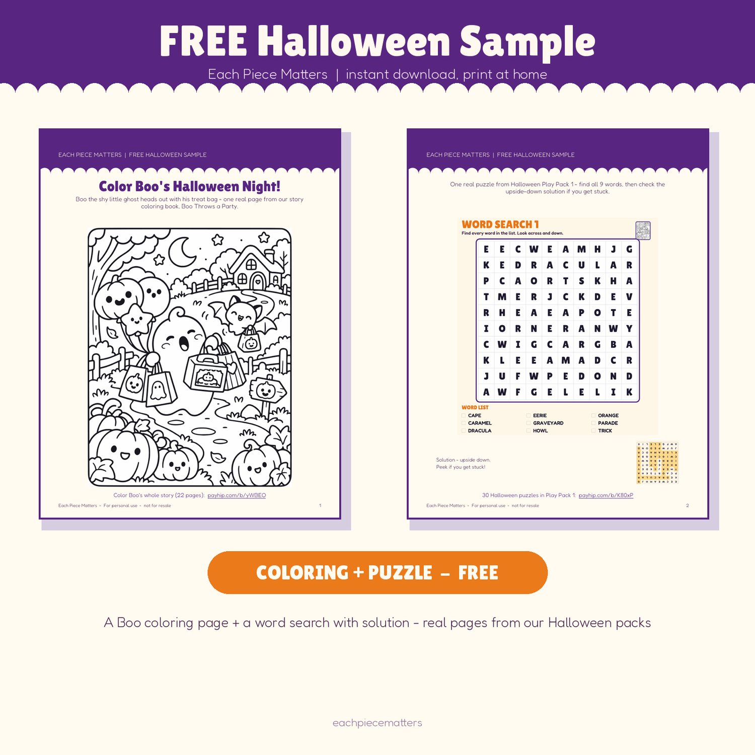 Free printable Halloween sample: a Boo the ghost coloring page next to a 9-word Halloween word search with a small upside-down solution.