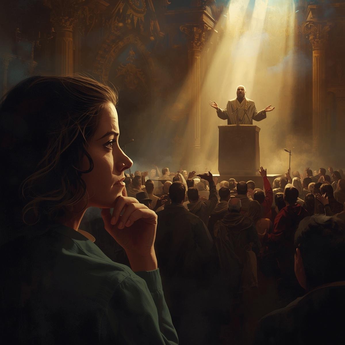 AI-generated image depicting the scene of a religious service in an ornate church-like structure; followers display fervent devotion while the leader speaks from a pulpit. A spiritual seeker has her hand to her chin, observing the leader and followers wit