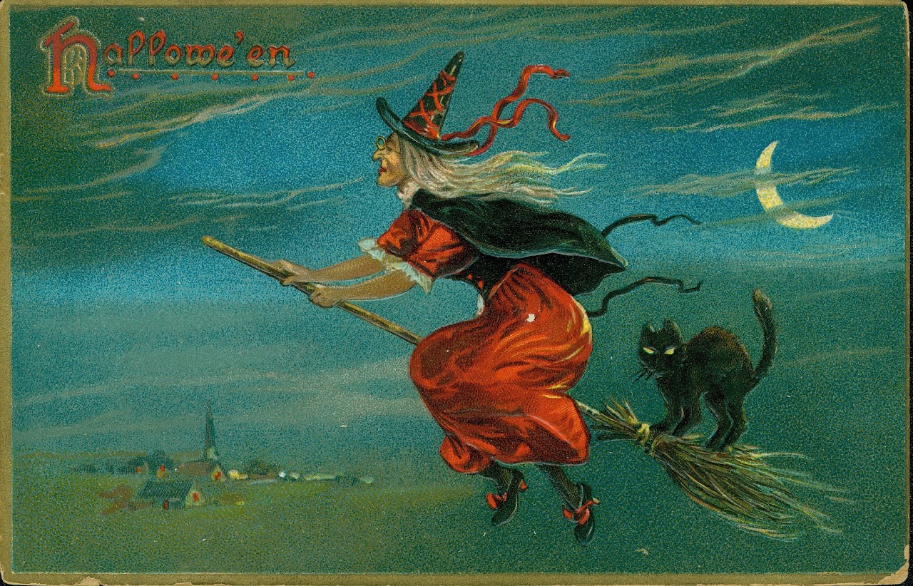 stock image copy of a painting of a traditional stereotypical witch in red and black with grey hair riding side-straddle on a broom through the night sky along with a black cat with arched back; the background shows wispy night clouds, a moon crescent, an