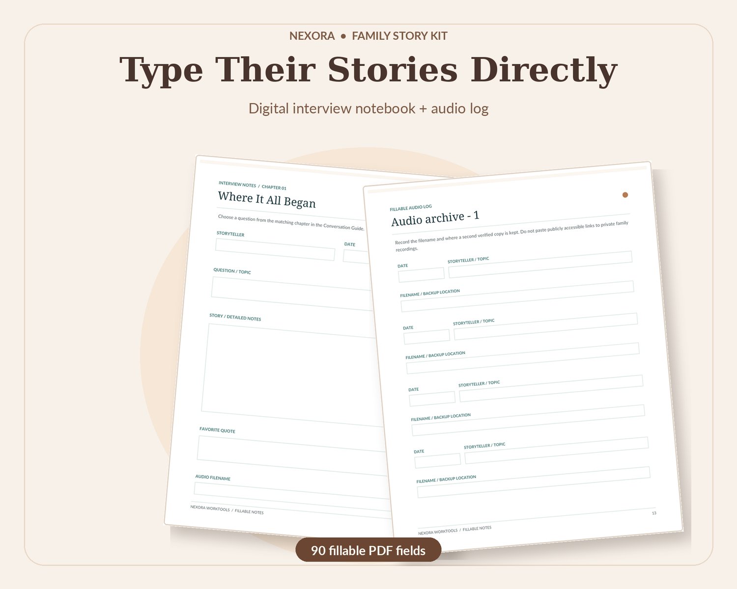 Digital family interview notebook with fillable PDF fields for recording and organizing life stories