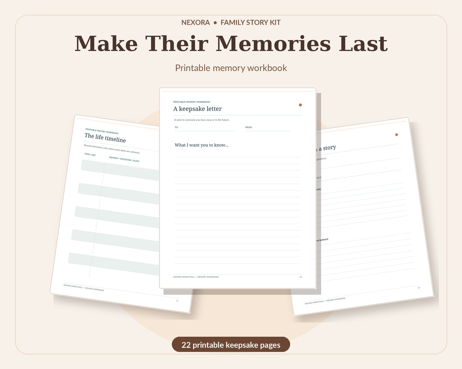 Family memory workbook with printable pages for childhood memories, photos, recipes and family history