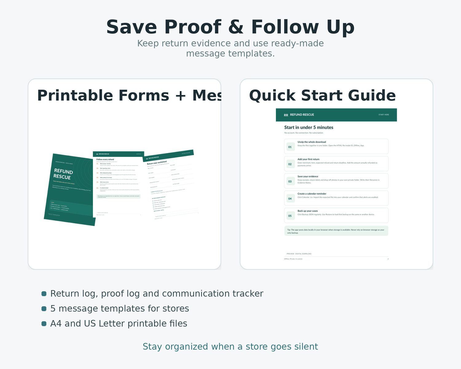 Printable return evidence forms, refund follow-up message templates and quick start guide included in Refund Rescue.