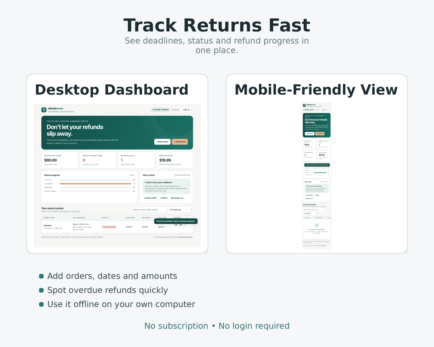 Refund Rescue desktop and mobile dashboard screenshots showing return deadlines, refund status and order tracking.