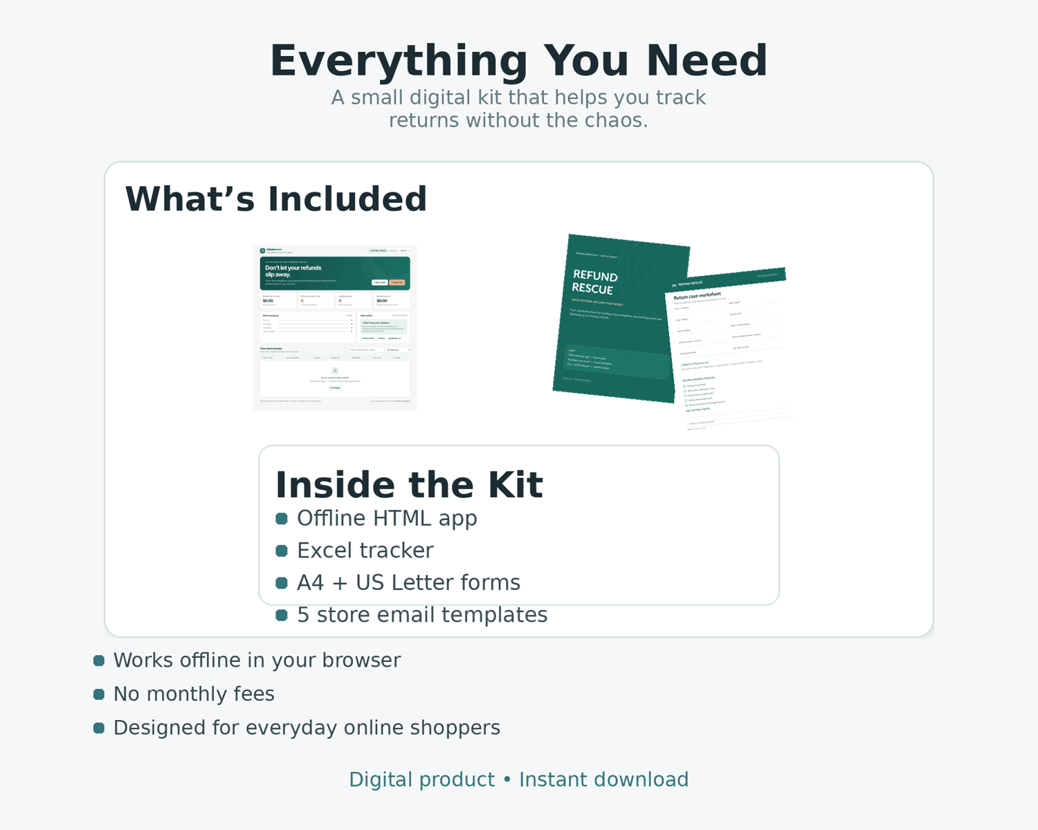 Refund Rescue digital download bundle featuring the offline HTML app, Excel refund tracker, printable PDF forms and user guide.