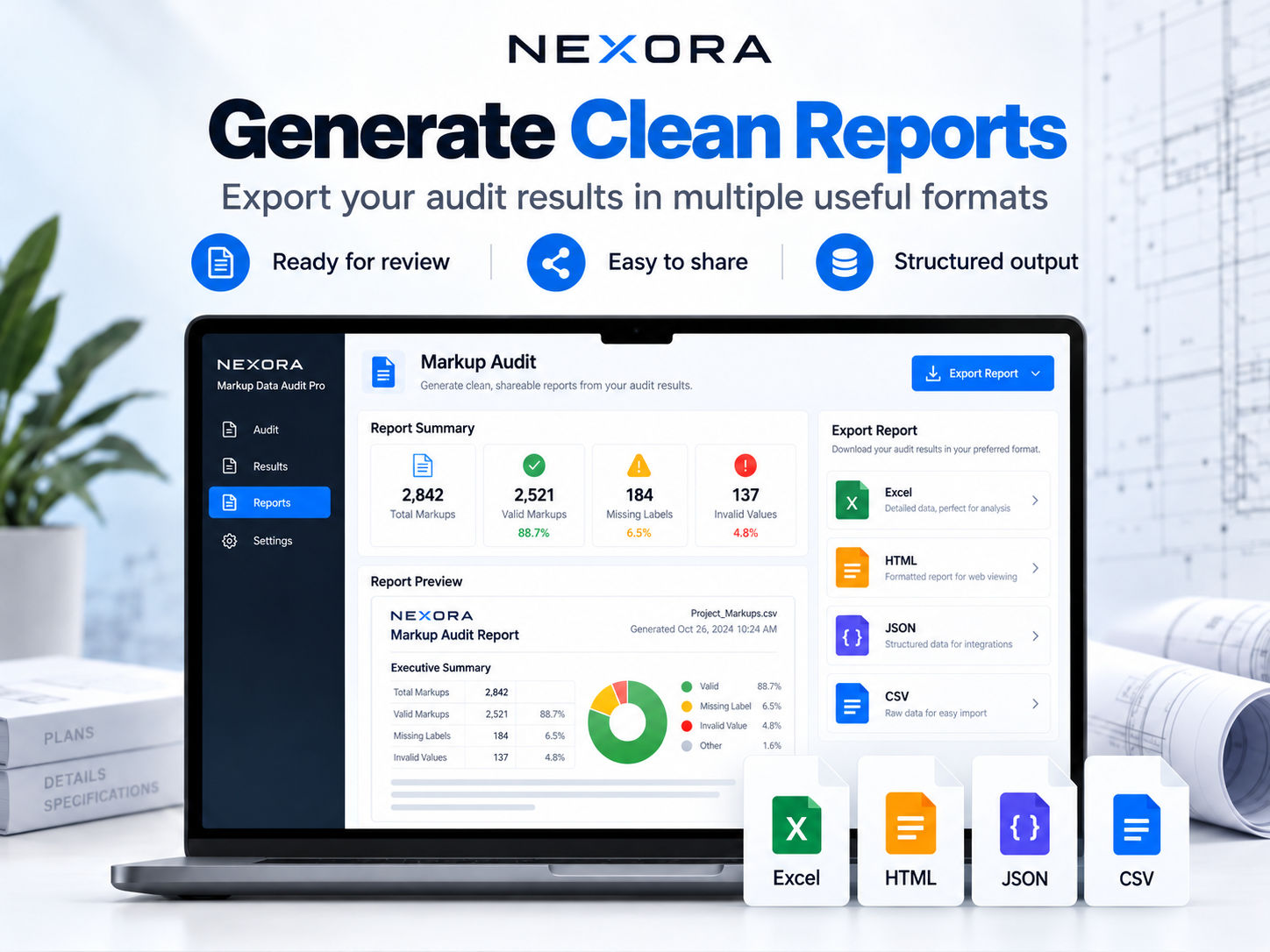 Generate Excel HTML JSON and CSV audit reports from Bluebeam markup exports