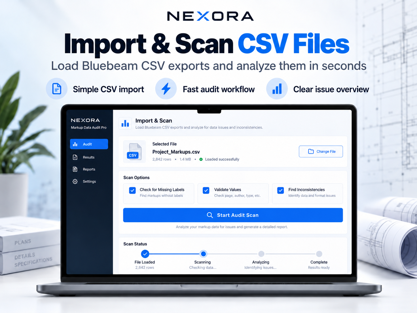 Import Bluebeam Revu markup CSV exports into NEXORA audit software