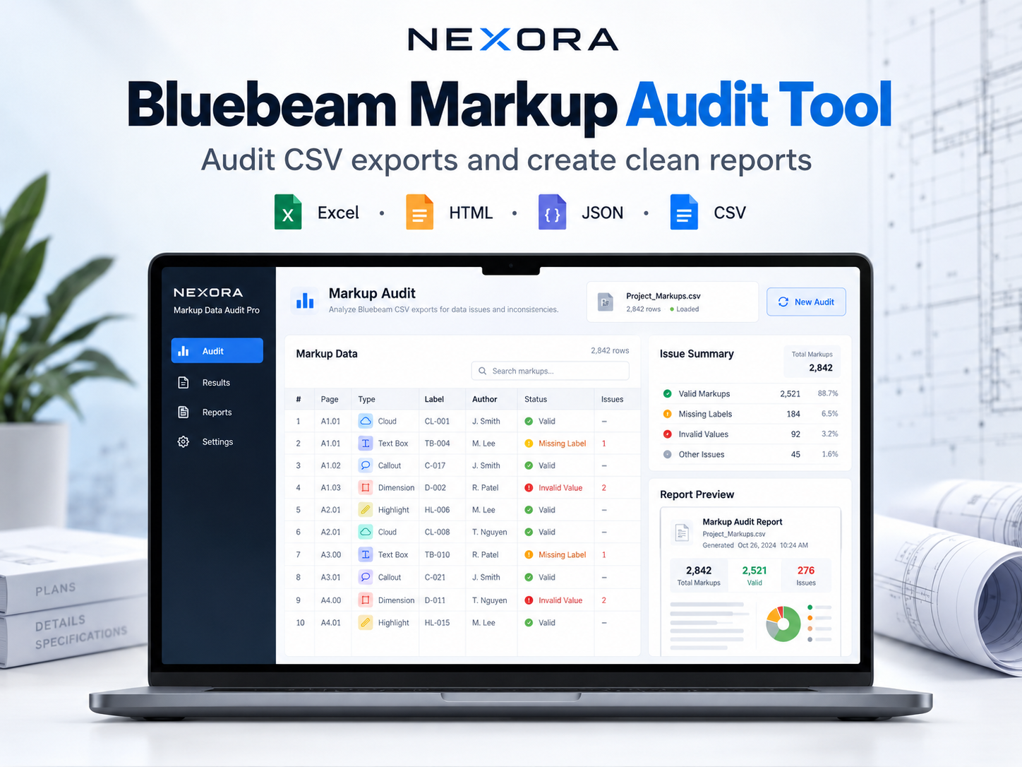 NEXORA Bluebeam markup CSV audit tool for detecting data errors and generating Excel reports