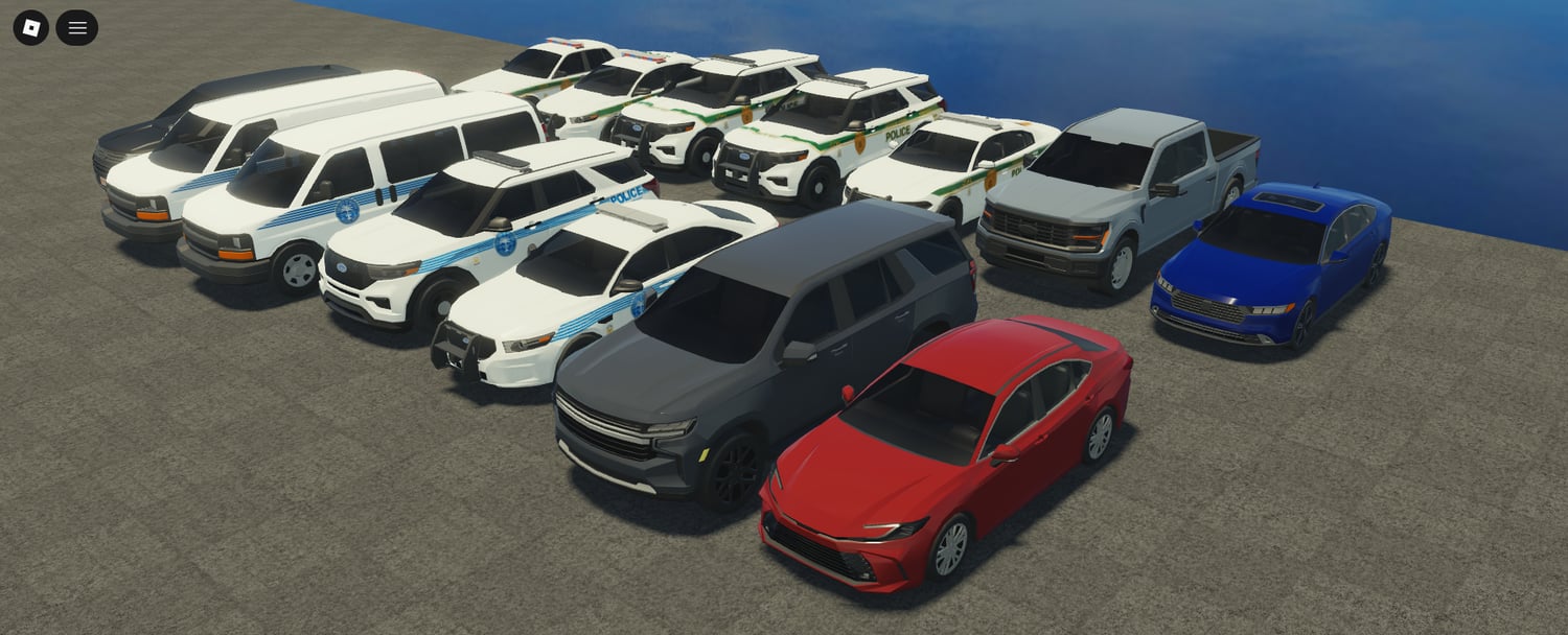 Patrol SUVs arranged beside civilian cars