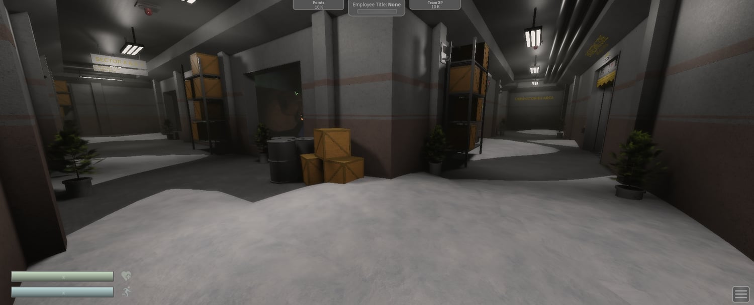 Laboratory hallway with crates and storage shelves