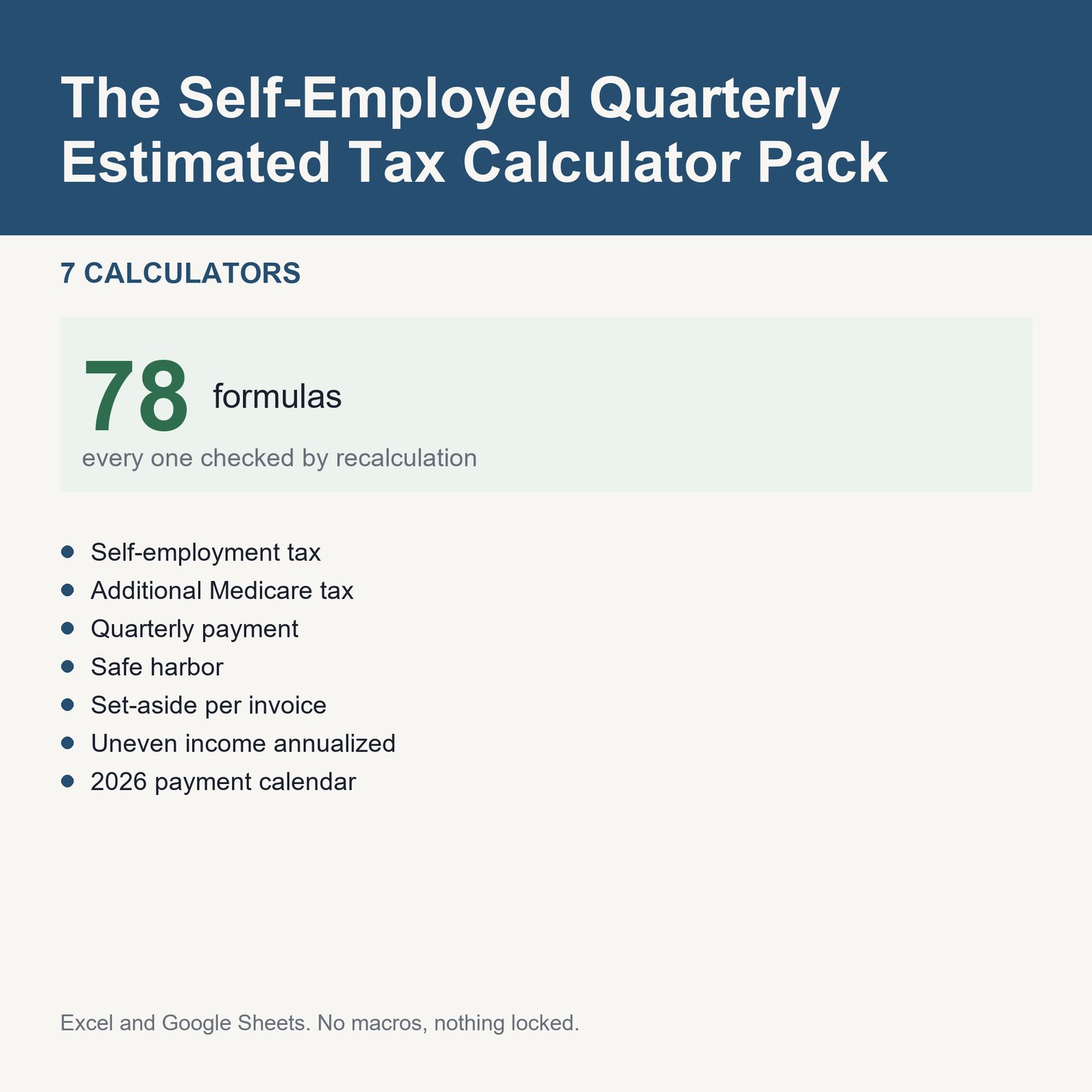 The Self-Employed Quarterly Estimated Tax Calculator Pack: title card listing the calculators and the formula count