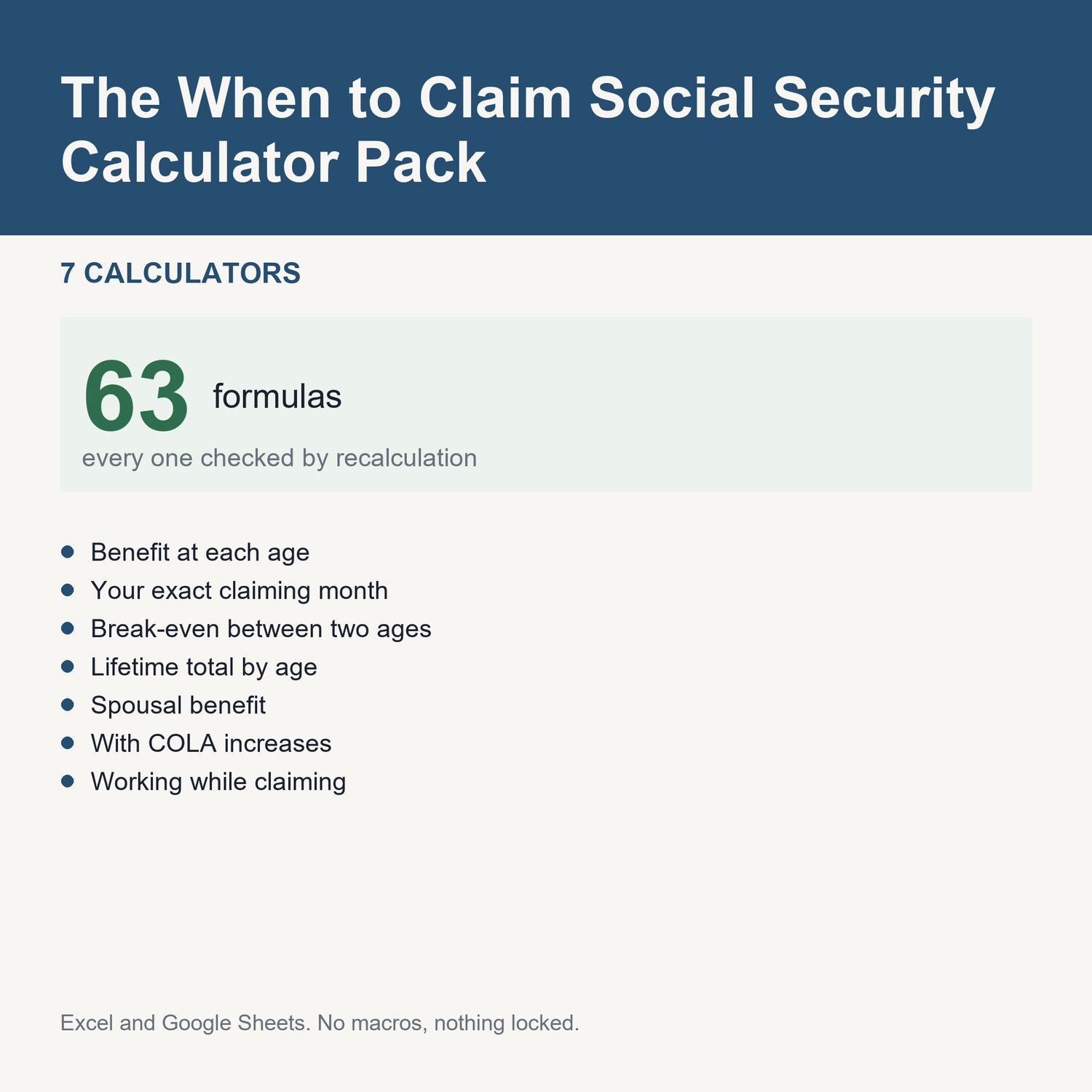 The When to Claim Social Security Calculator Pack: title card listing the calculators and the formula count
