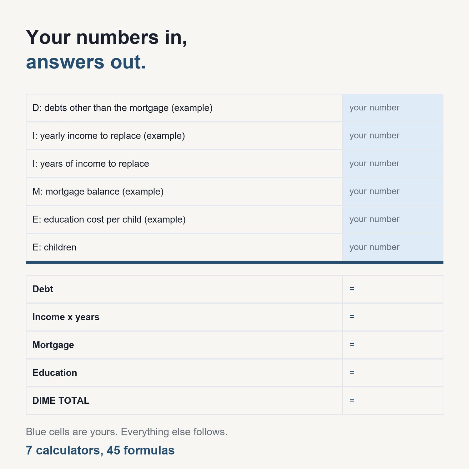 The Life Insurance Needs Calculator Pack: sample calculator showing input cells and computed results