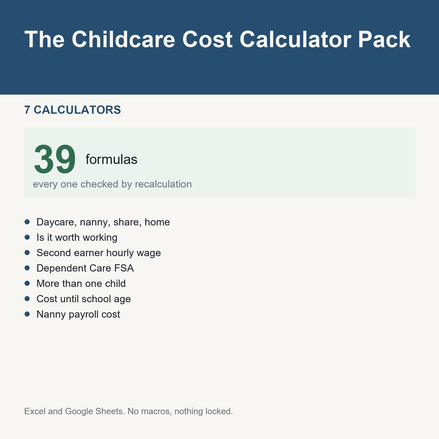 The Childcare Cost Calculator Pack: title card listing the calculators and the formula count