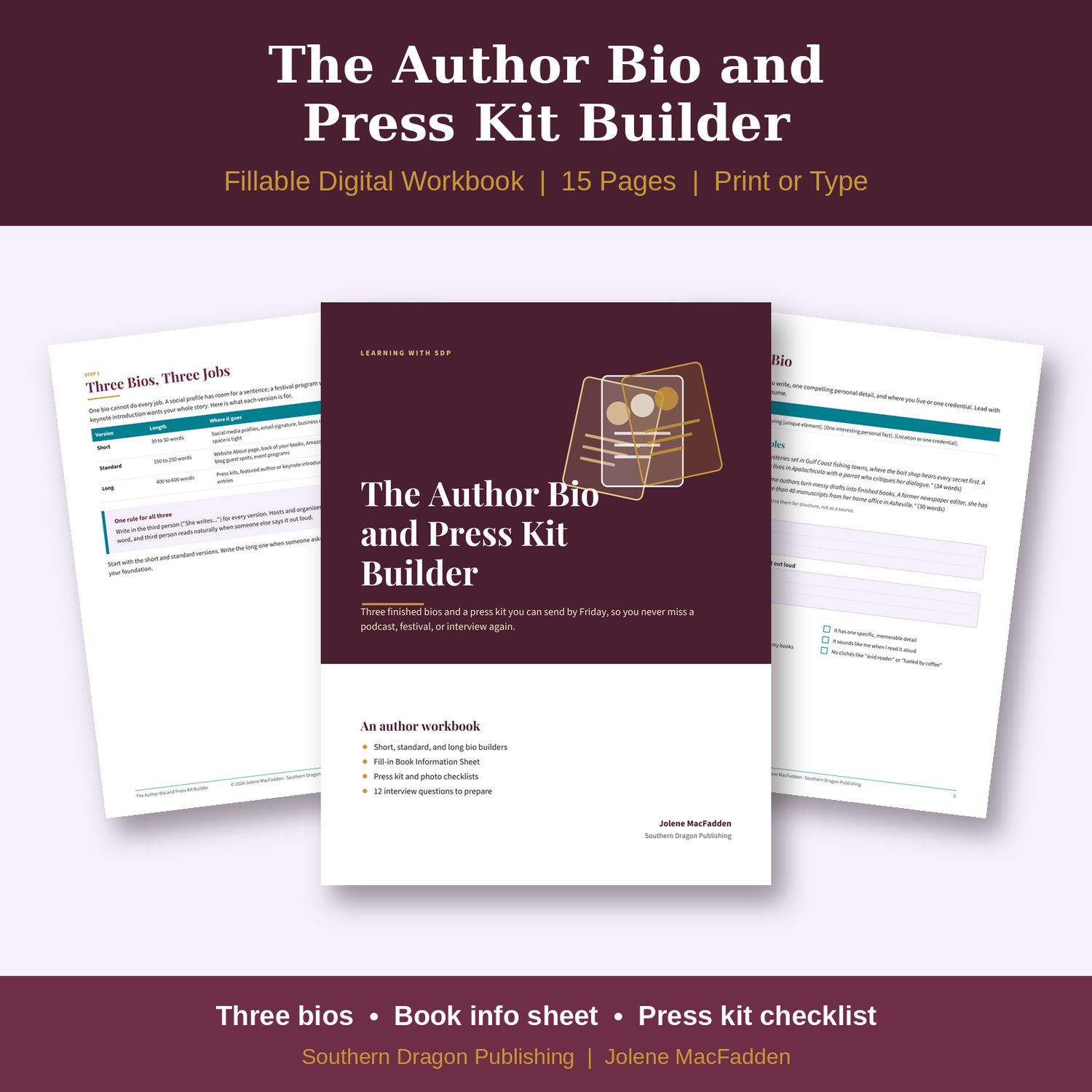 The Author Bio and Press Kit Builder workbook cover with author photo cards and sample bio pages