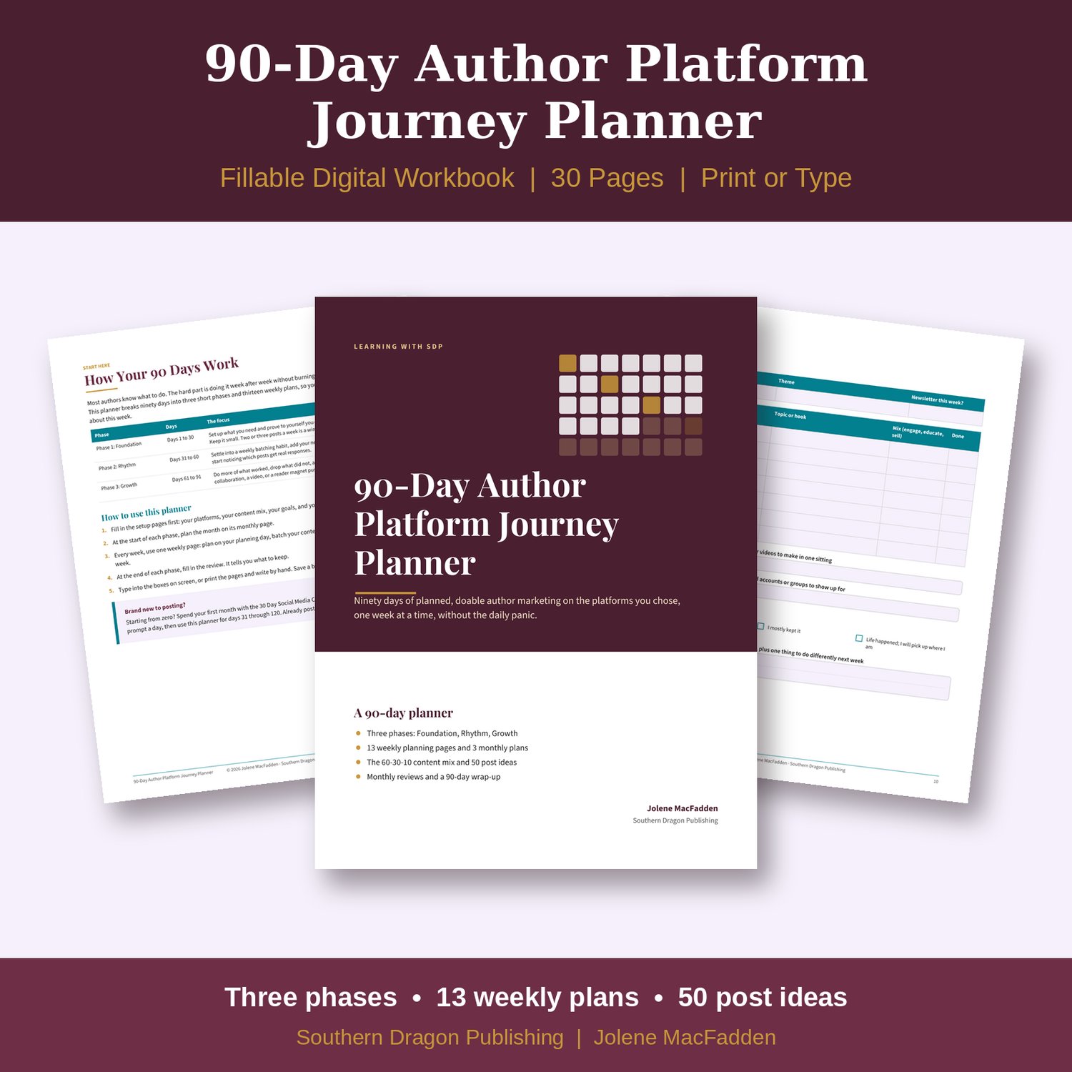 90-Day Author Platform Journey Planner cover with calendar grid and sample weekly planning pages