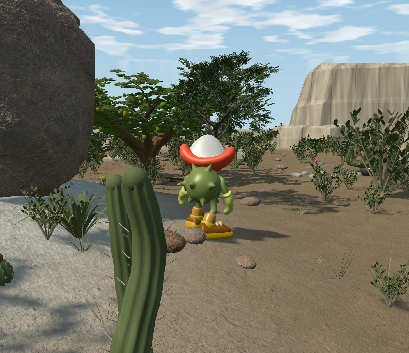 CARU stands between a tall ribbed cactus and a broad-canopied tree in the bright KAA-TINGA landscape.
