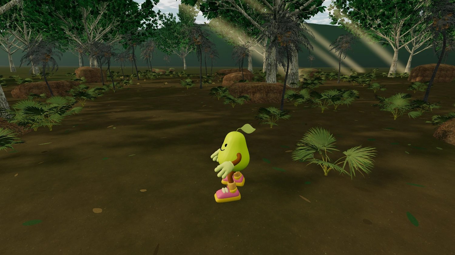 PEPE stands among rainforest palms, layered foliage and rocks beneath shafts of sunlight.