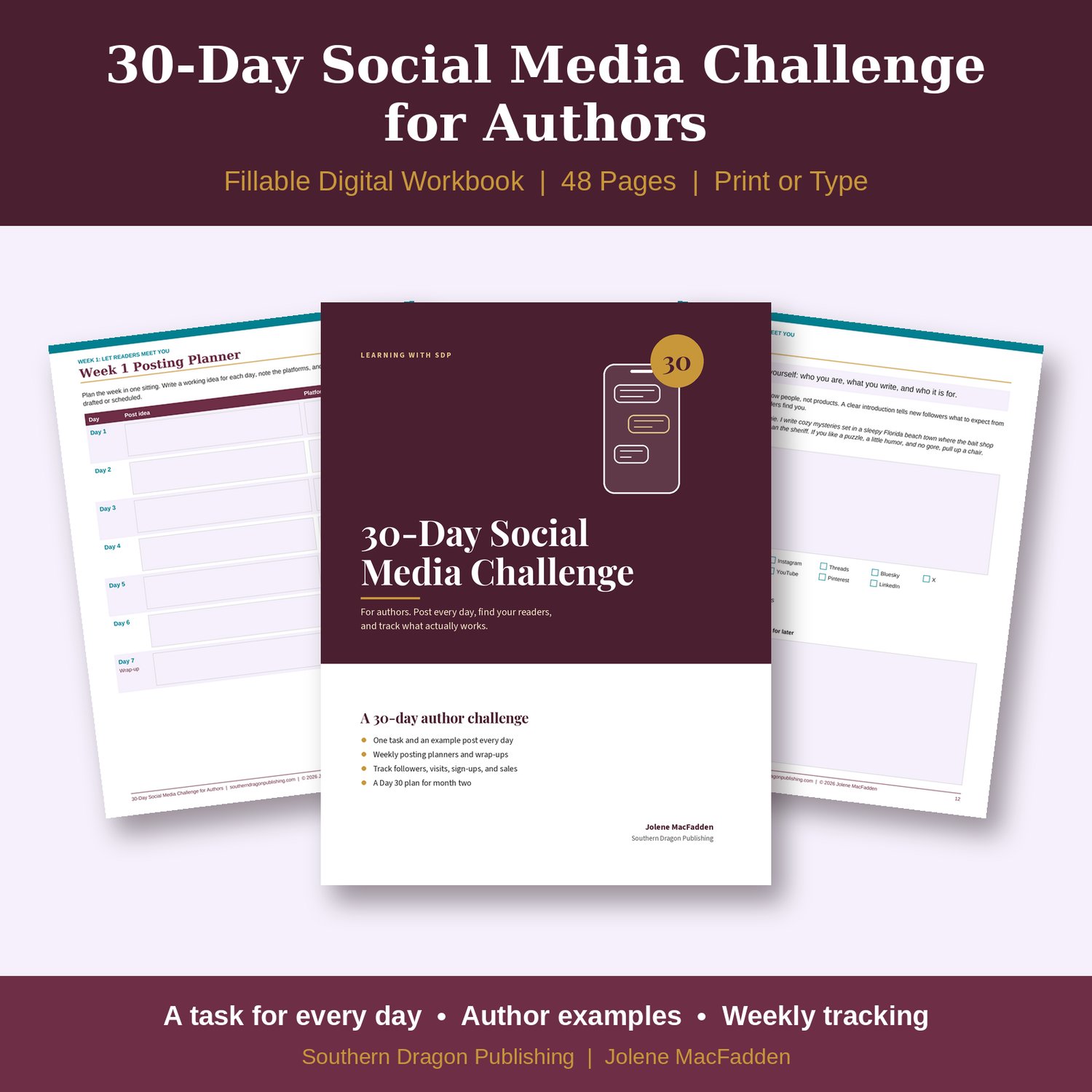 30-Day Social Media Challenge for Authors fillable workbook cover with planner and daily challenge pages