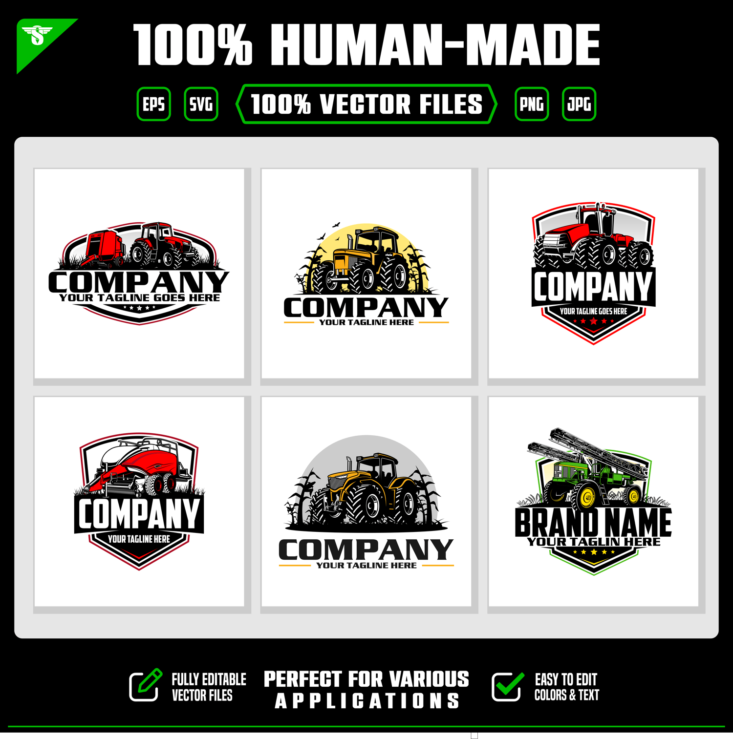 Download 6 hand-crafted tractor and agricultural machinery vector logos. Perfect for farming businesses, farm equipment branding and merchandise. SVG, EPS, PNG, JPG.