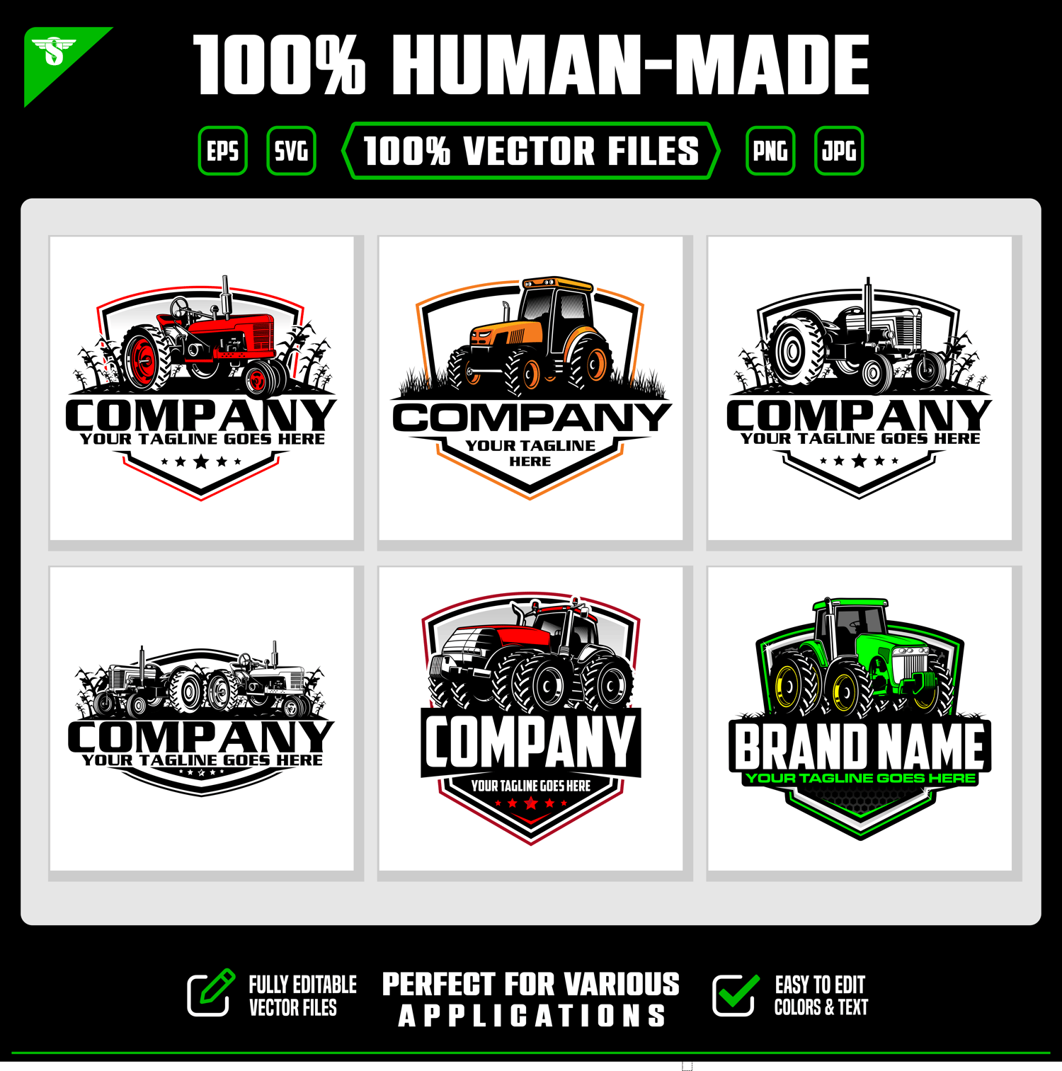 Download 6 hand-crafted tractor vector logos featuring vintage and modern farm tractors. Editable SVG, EPS, PNG and JPG files for farming business branding.