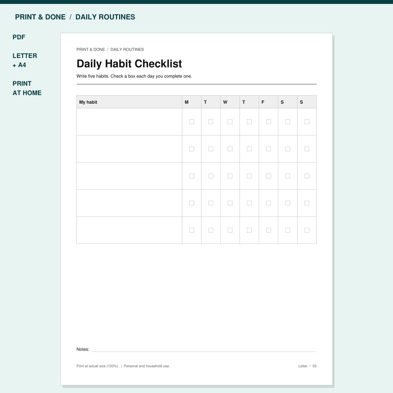 Daily Habit Checklist Printable preview showing the actual printable worksheet.
