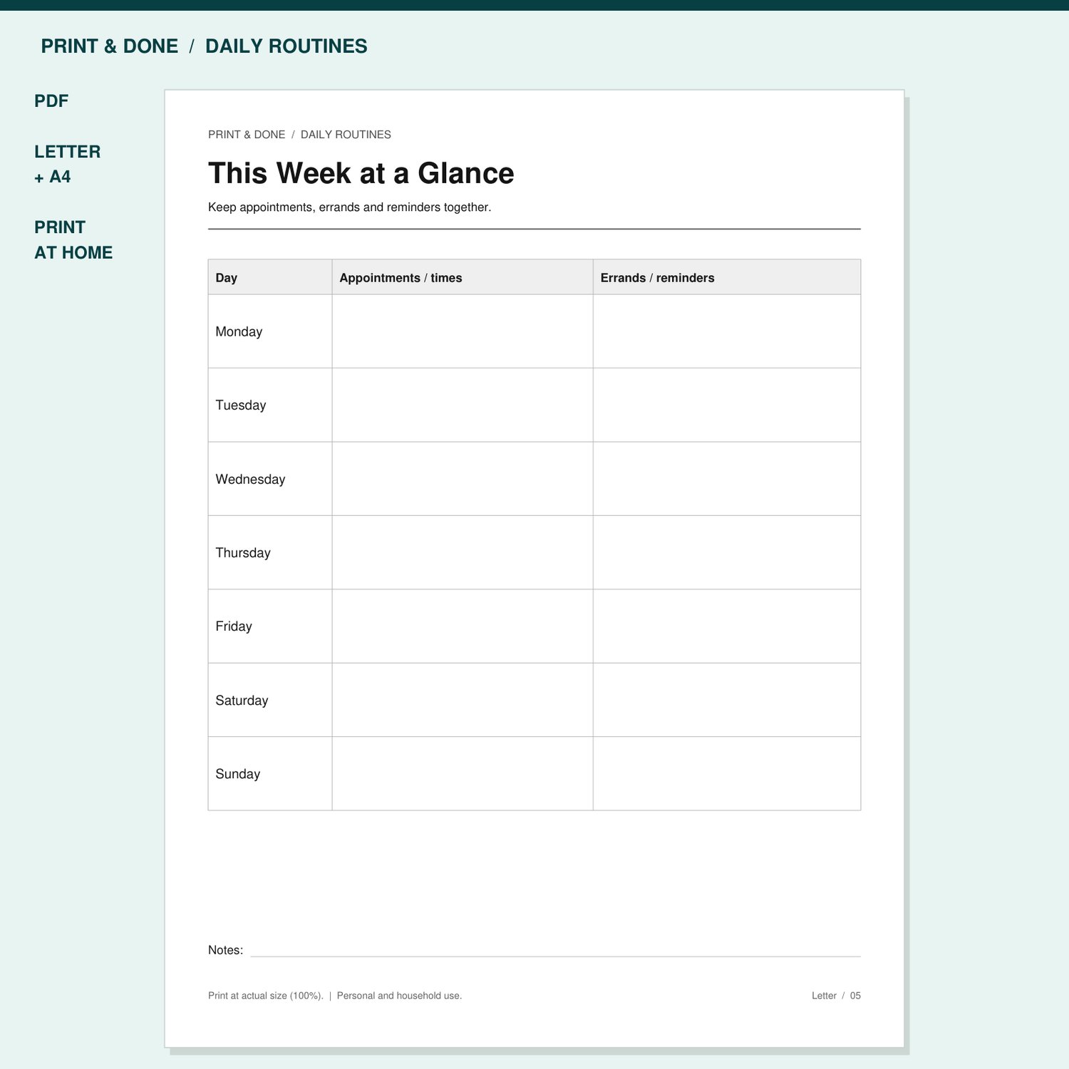 This Week at a Glance Printable preview showing the actual printable worksheet.