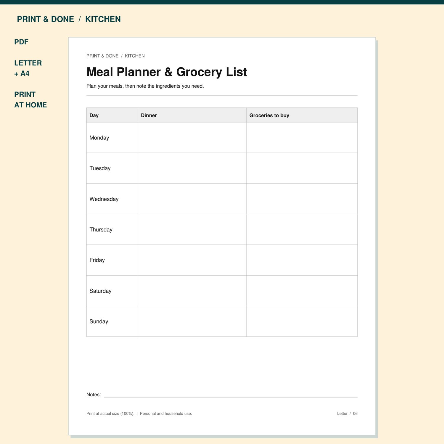 Meal Planner & Grocery List Printable preview showing the actual printable worksheet.