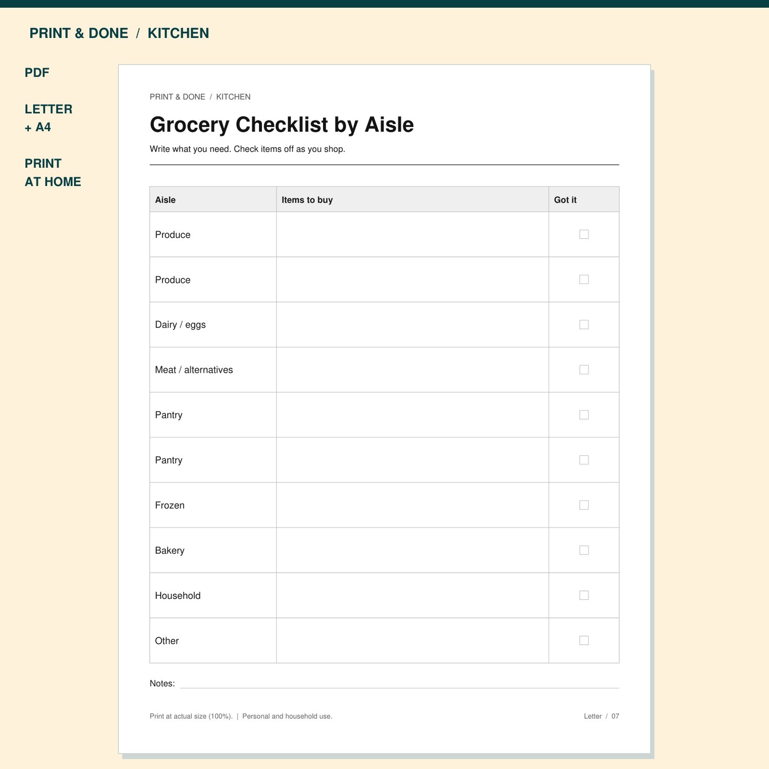 Grocery Checklist by Aisle Printable preview showing the actual printable worksheet.