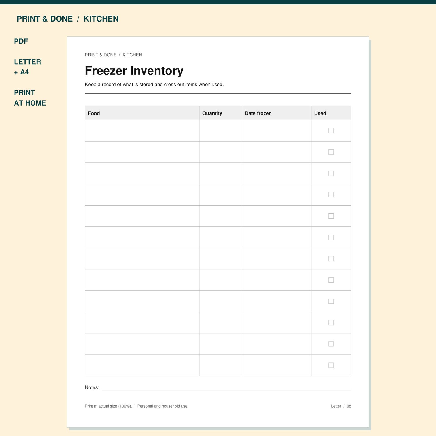 Freezer Inventory Printable preview showing the actual printable worksheet.