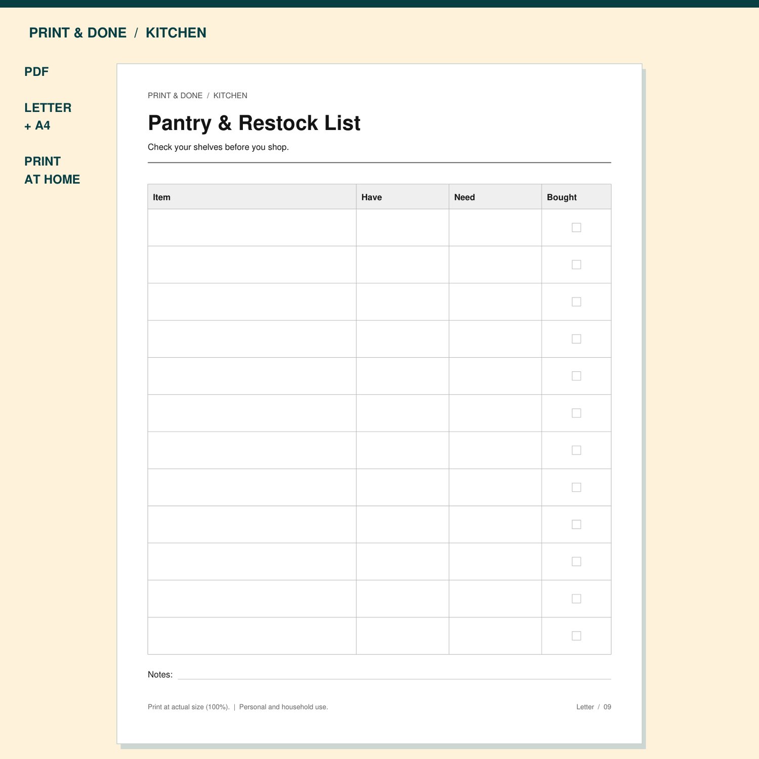 Pantry & Restock List Printable preview showing the actual printable worksheet.