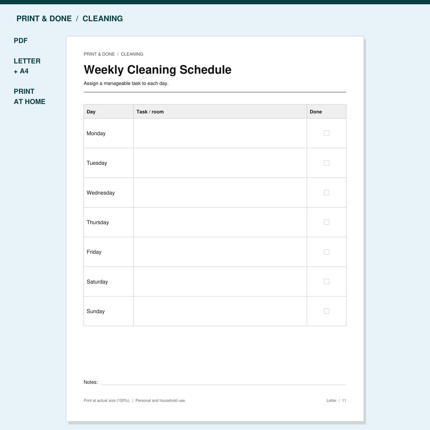 Weekly Cleaning Schedule Printable preview showing the actual printable worksheet.