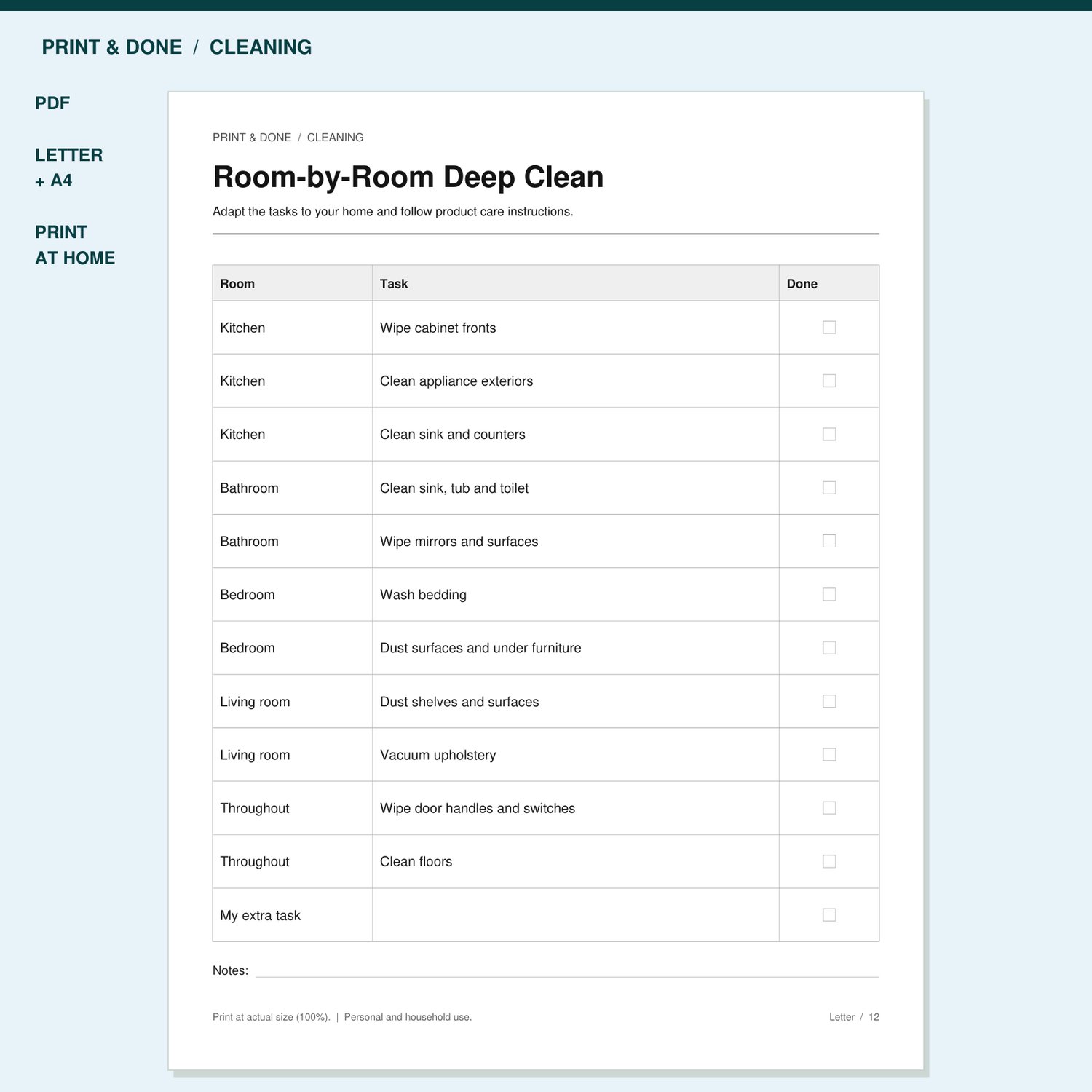 Room-by-Room Deep Clean Printable preview showing the actual printable worksheet.