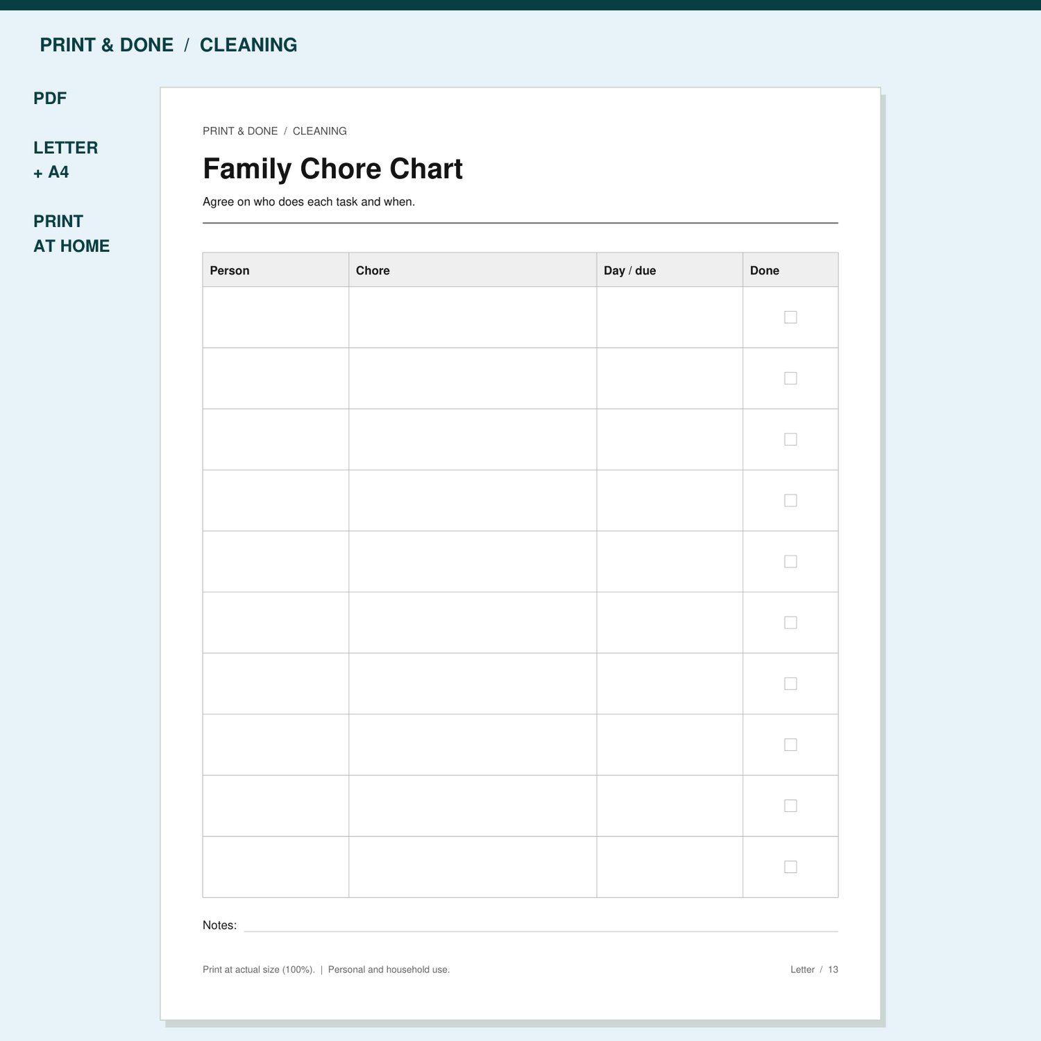 Family Chore Chart Printable preview showing the actual printable worksheet.