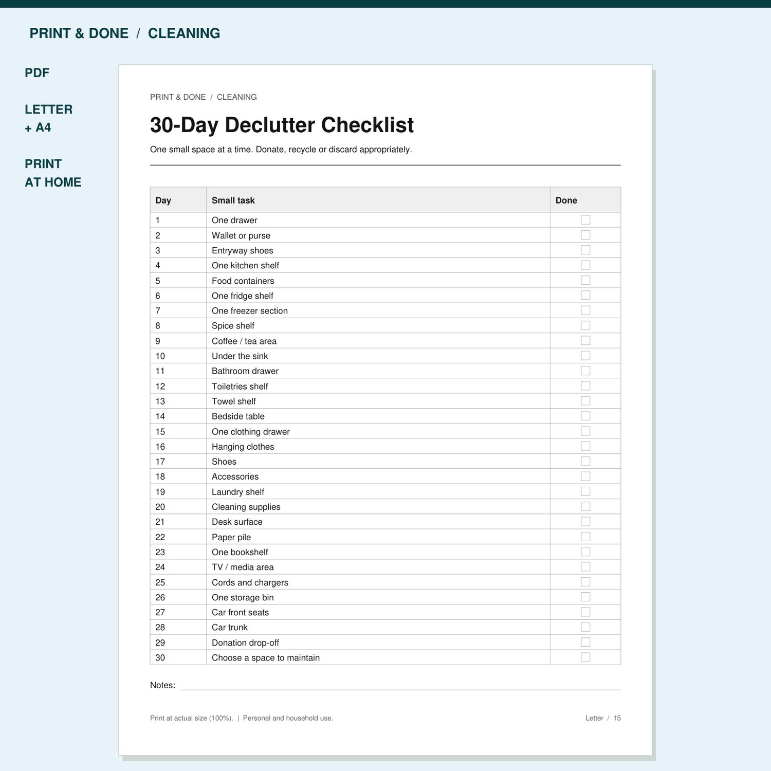 30-Day Declutter Checklist Printable preview showing the actual printable worksheet.