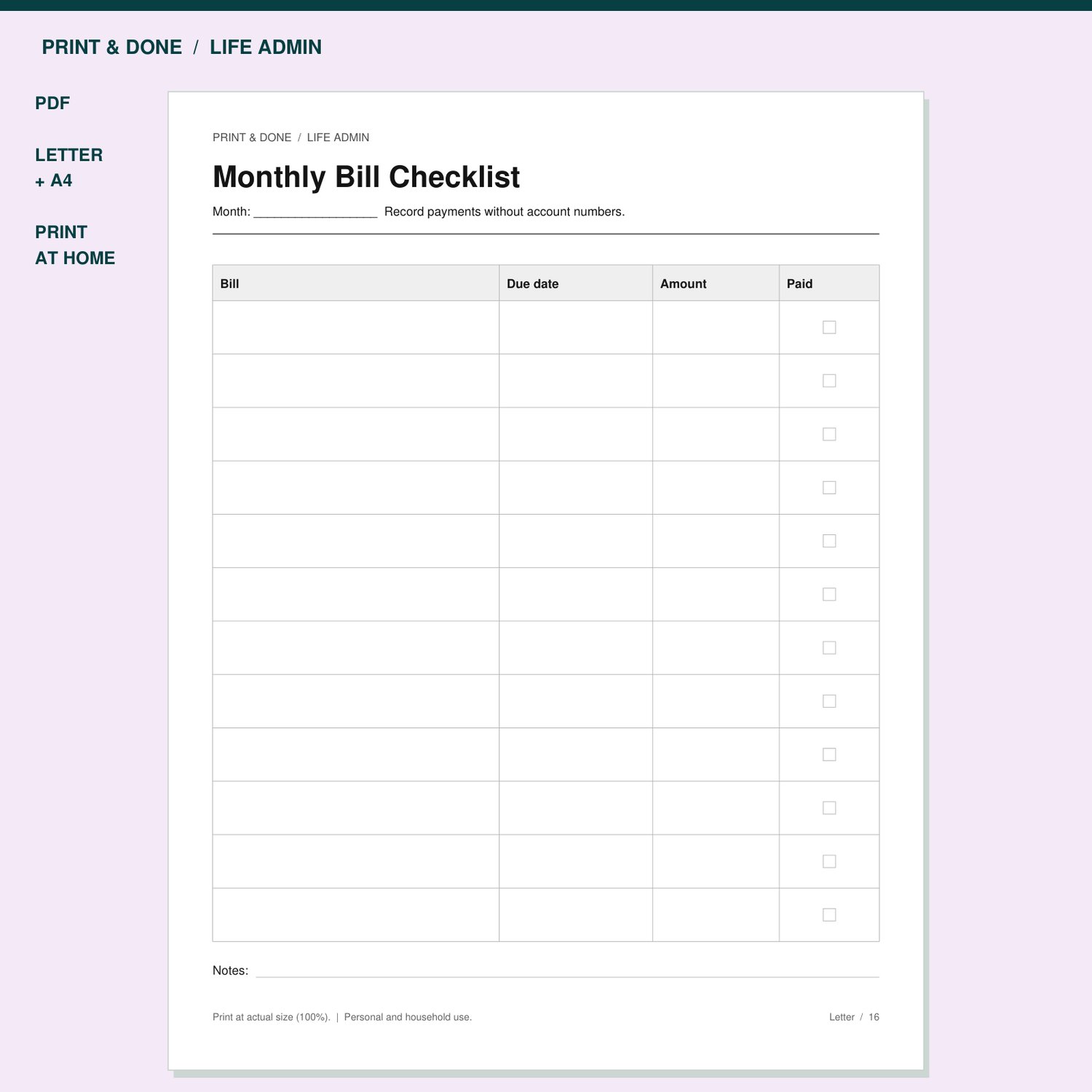 Monthly Bill Checklist Printable preview showing the actual printable worksheet.
