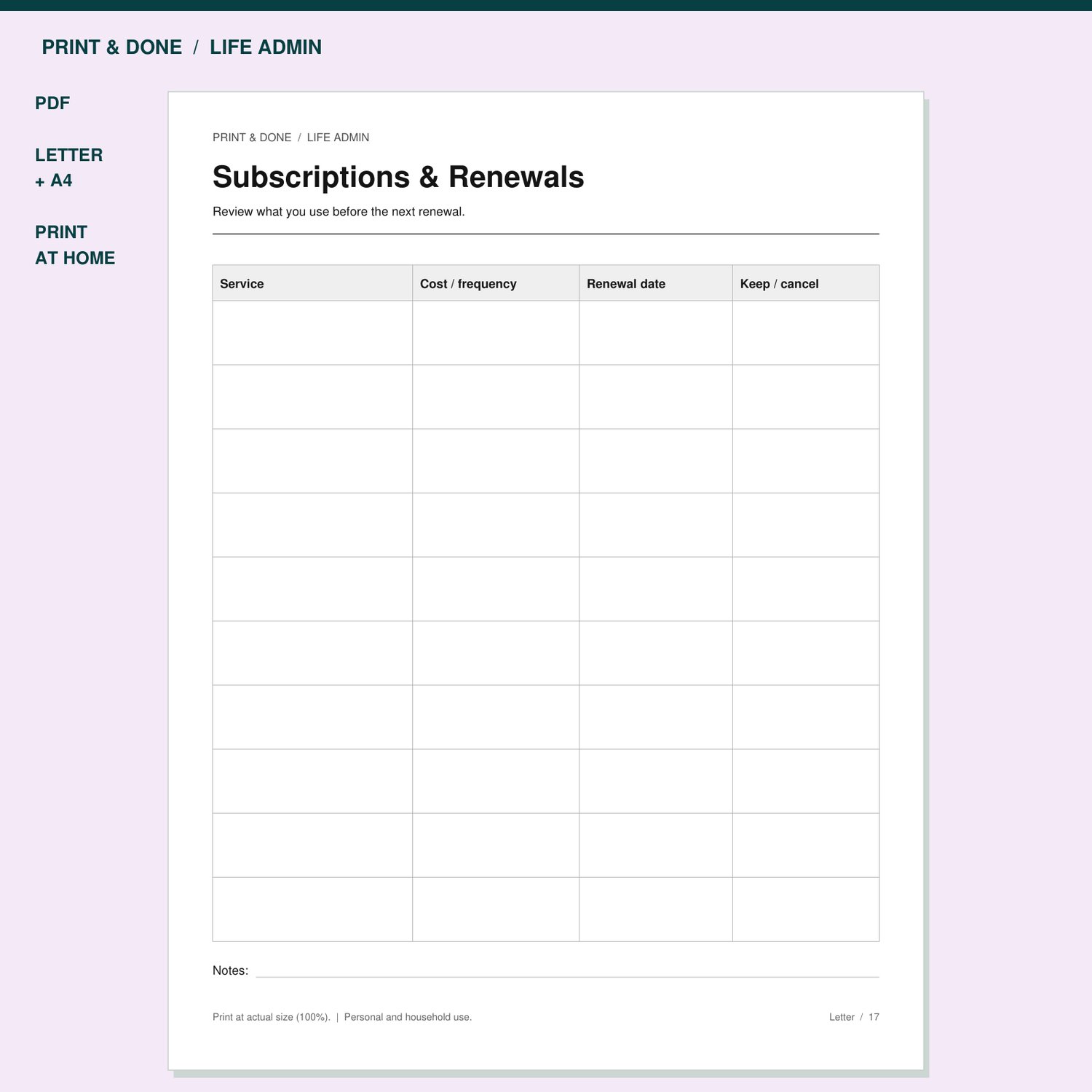 Subscriptions & Renewals Printable preview showing the actual printable worksheet.