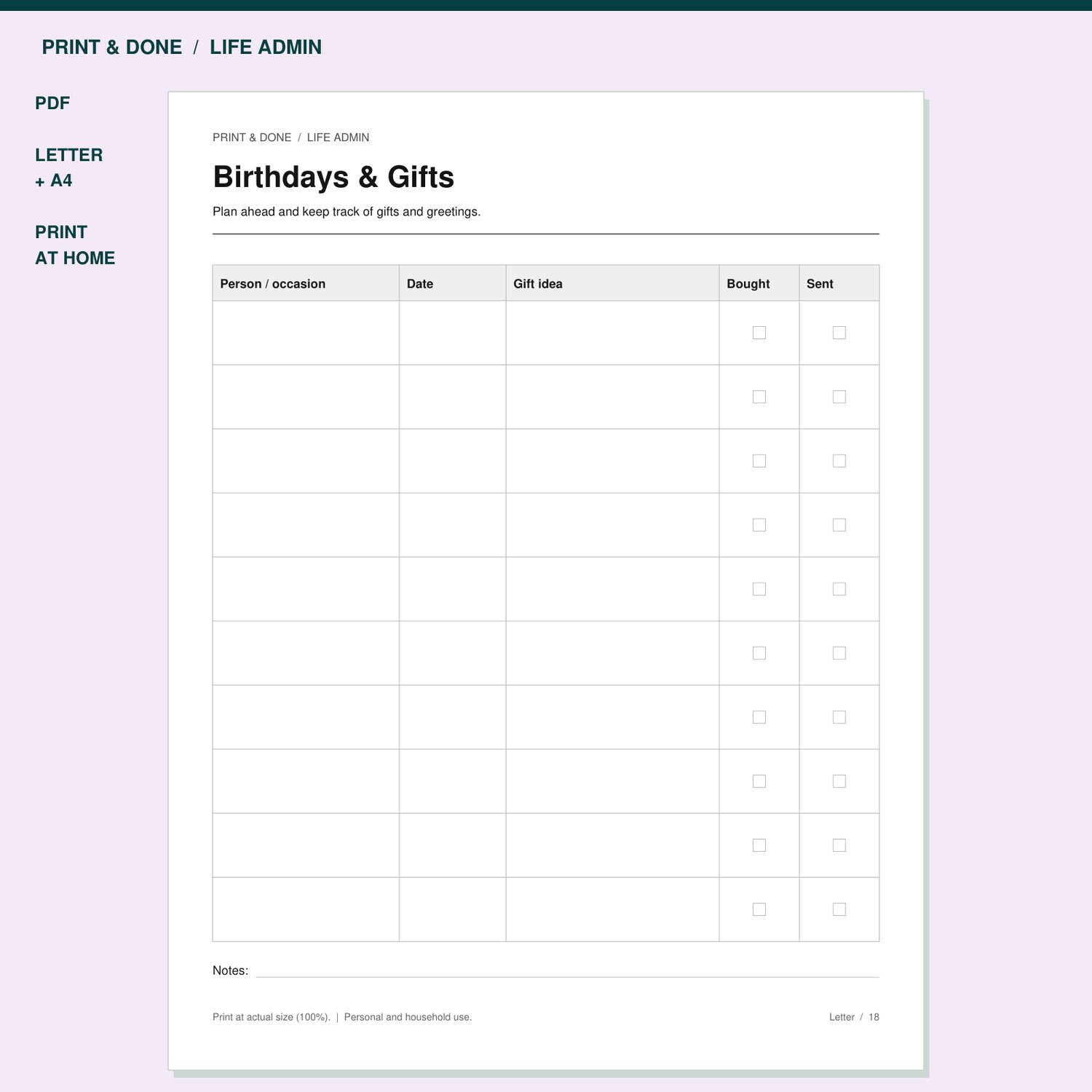 Birthdays & Gifts Printable preview showing the actual printable worksheet.