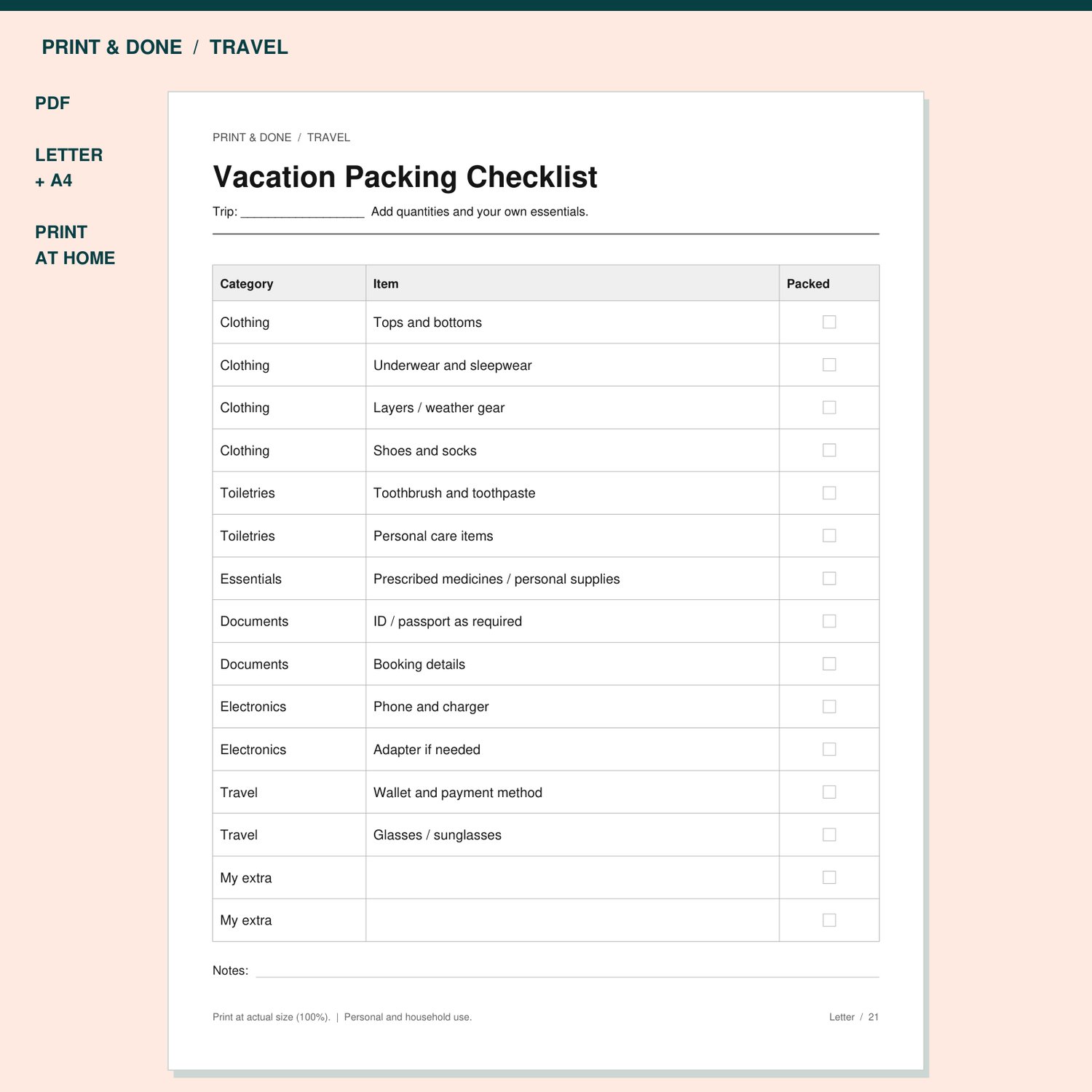 Vacation Packing Checklist Printable preview showing the actual printable worksheet.