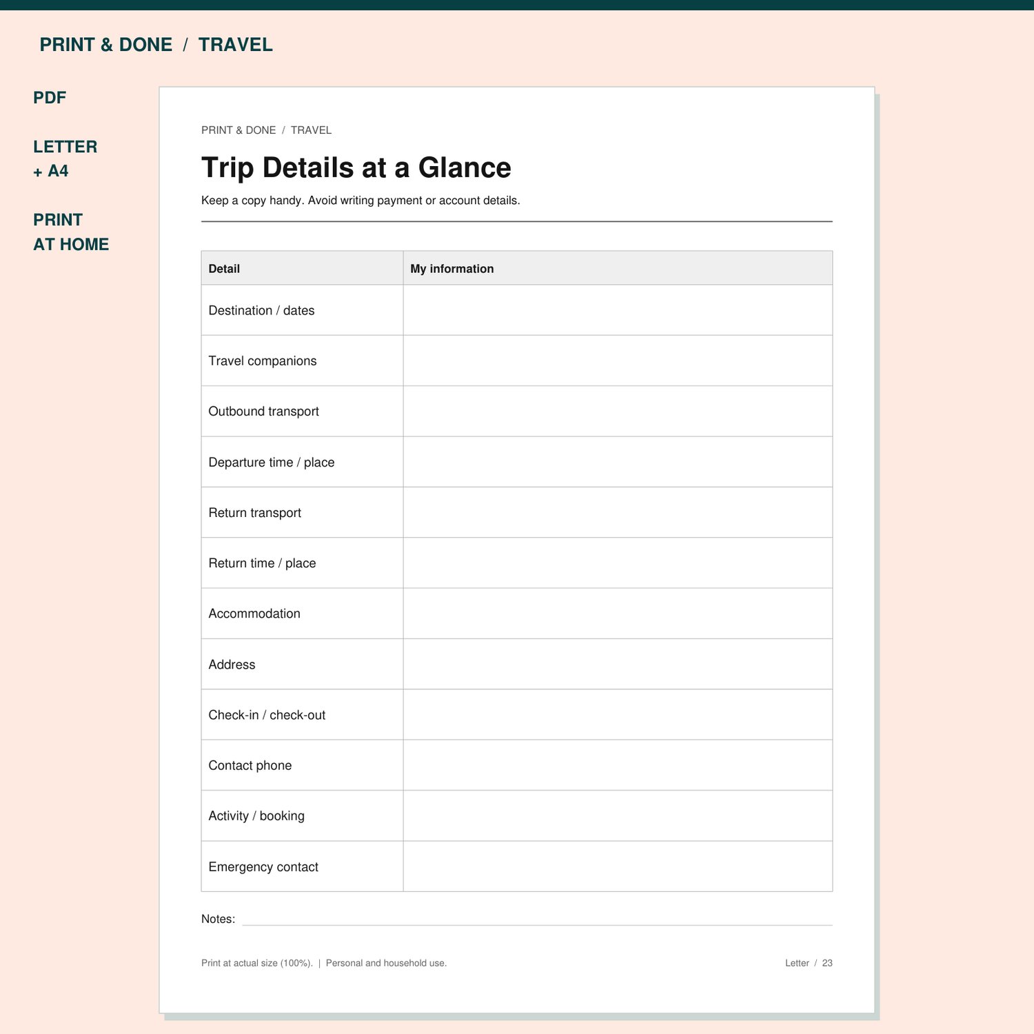 Trip Details at a Glance Printable preview showing the actual printable worksheet.