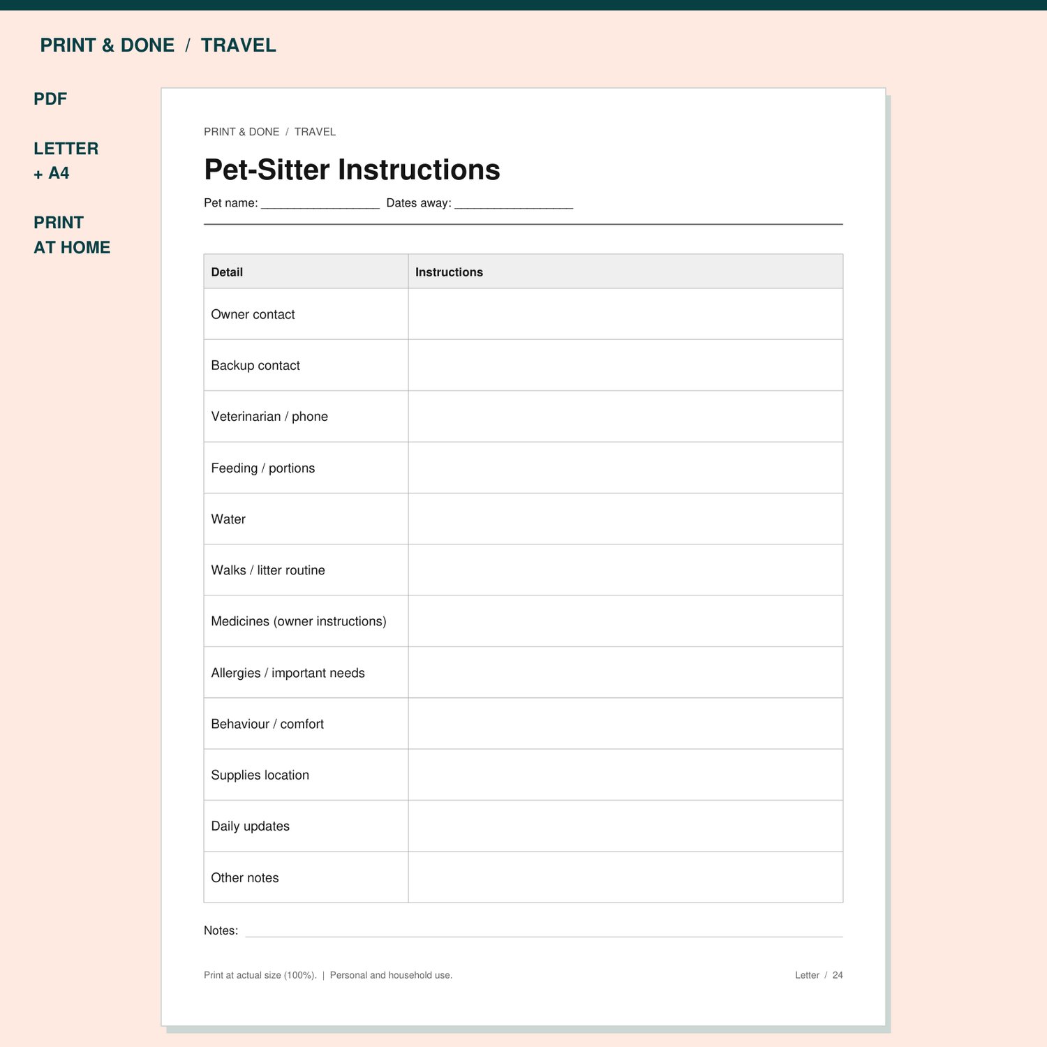 Pet-Sitter Instructions Printable preview showing the actual printable worksheet.