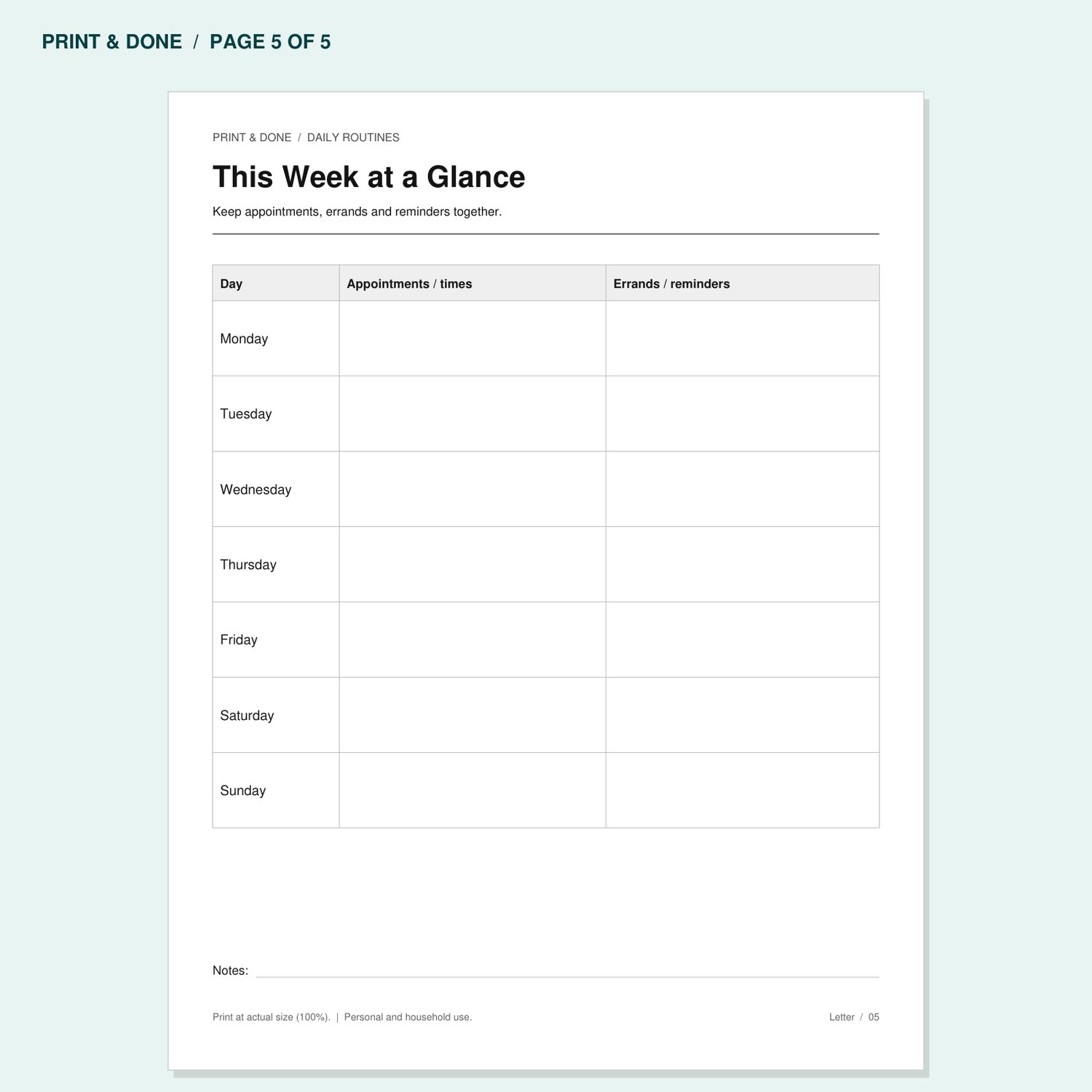 This Week at a Glance worksheet preview, page 5 of the Daily Routines printable set.