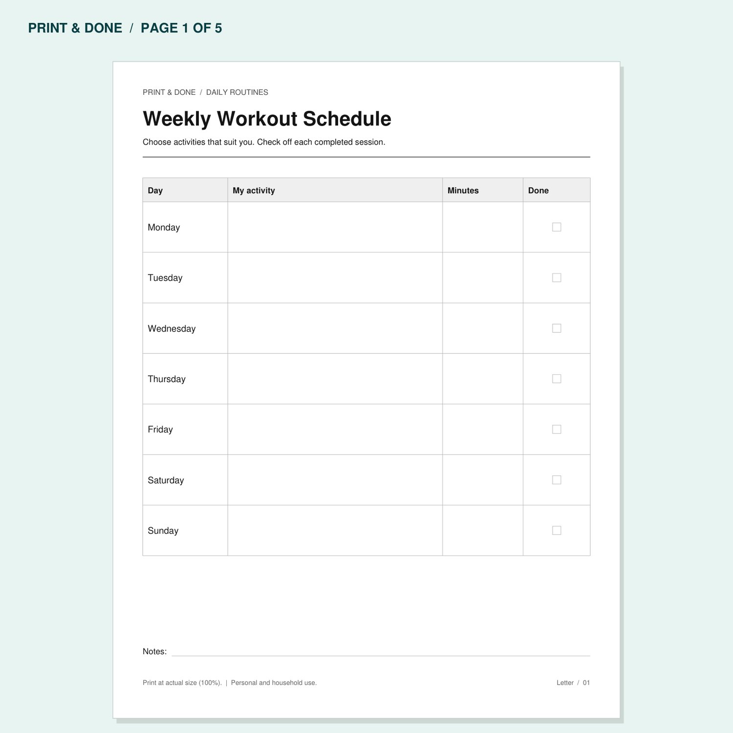Weekly Workout Schedule worksheet preview, page 1 of the Daily Routines printable set.